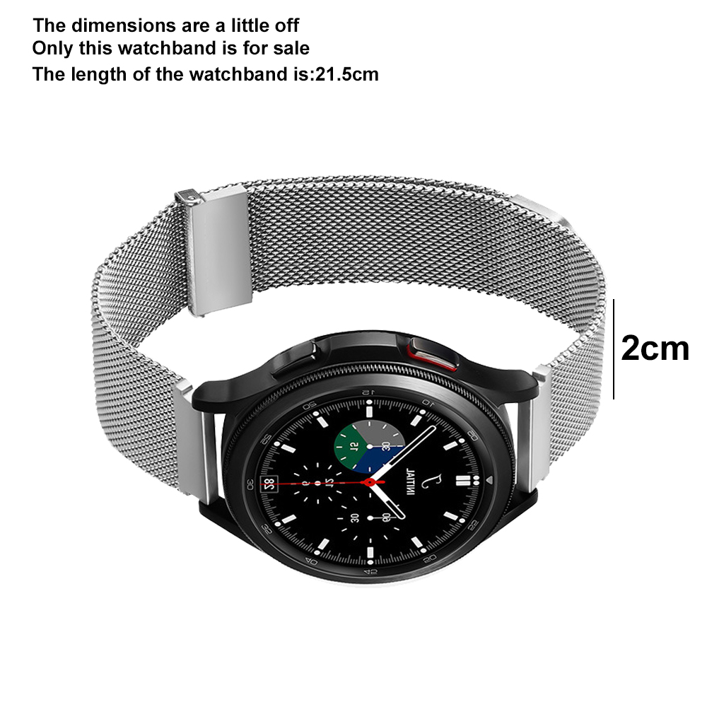 Ein silbernes Uhrenarmband ist an einer schwarzen Smartwatch befestigt. Das Zifferblatt ist schwarz. Neben dem Band ist ein 2cm-Maß.