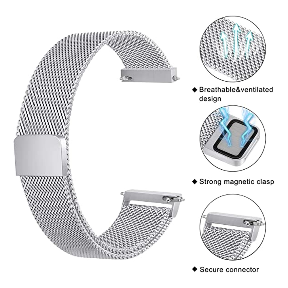 Silbernes Uhrenarmband mit atmungsaktivem Design, starkem Magnetverschluss und sicherem Verbinder. Infografiken heben diese Merkmale hervor.