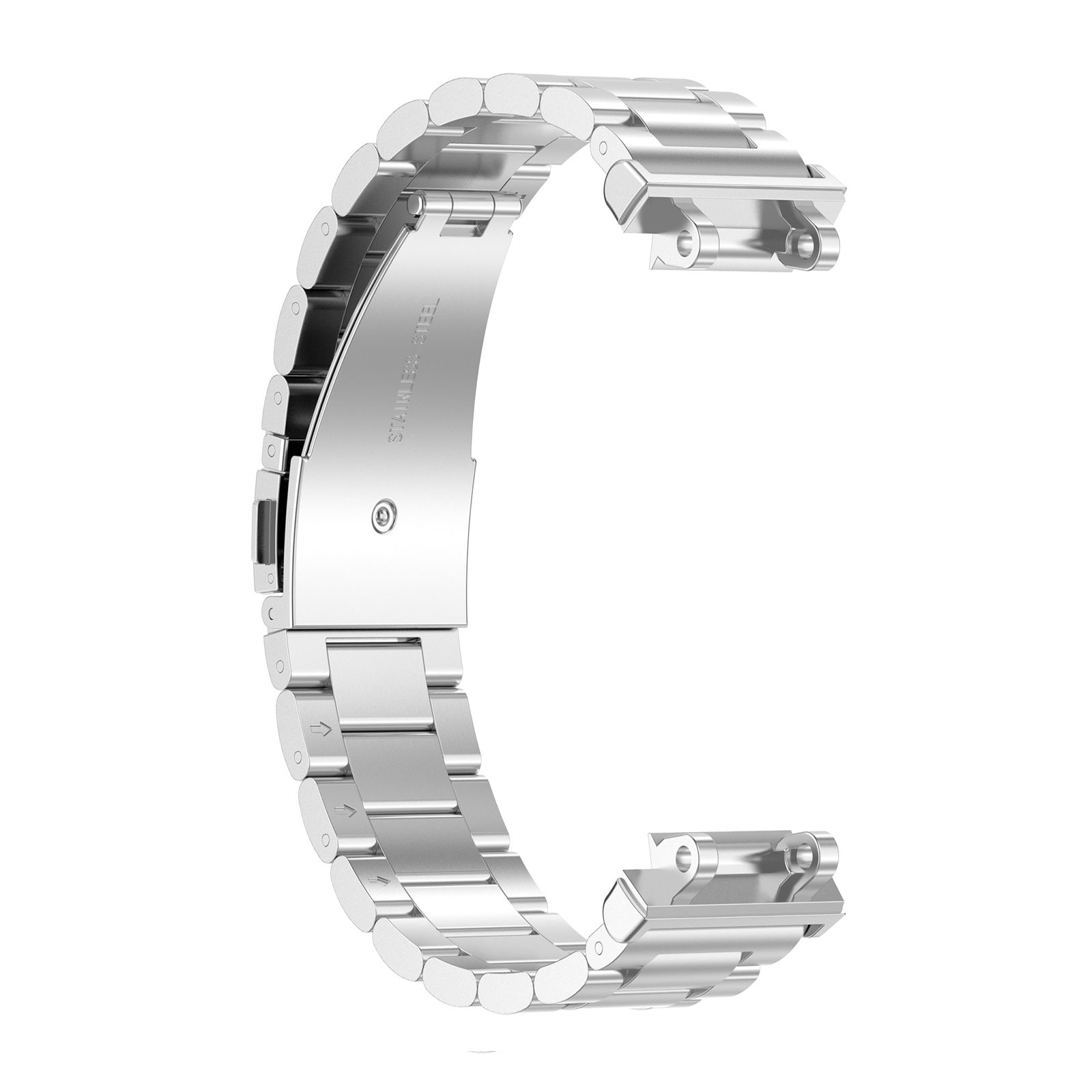 Ein gebogenes Edelstahl-Uhrenarmband auf weißem Hintergrund. Das Armband ist offen und zeigt die Innenseite.