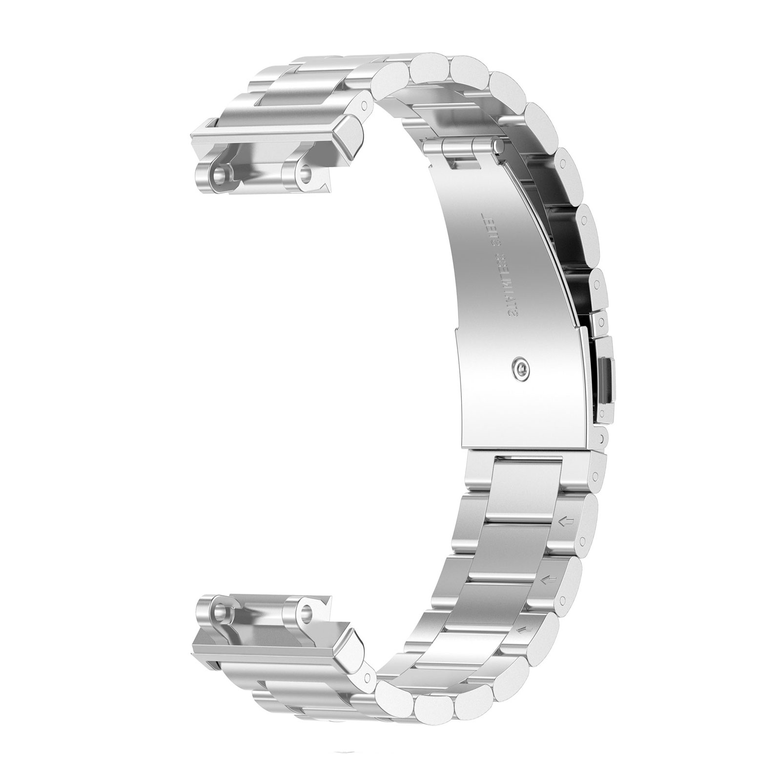 Ein silbernes Edelstahl-Uhrenarmband ist vor weißem Hintergrund gebogen.