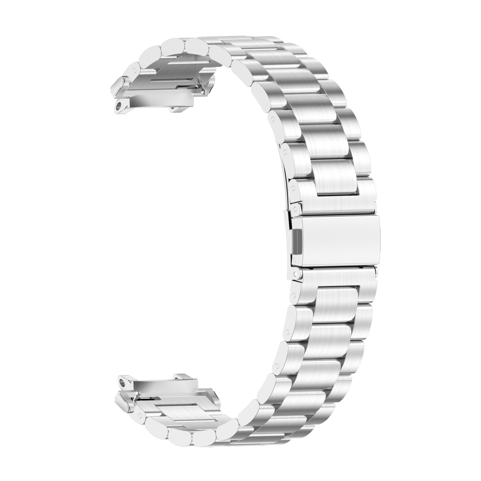 Ein silbernes Metall-Uhrenarmband wird vor einem weißen Hintergrund gezeigt. Das Armband ist gebogen und hat in der Mitte einen Verschluss.