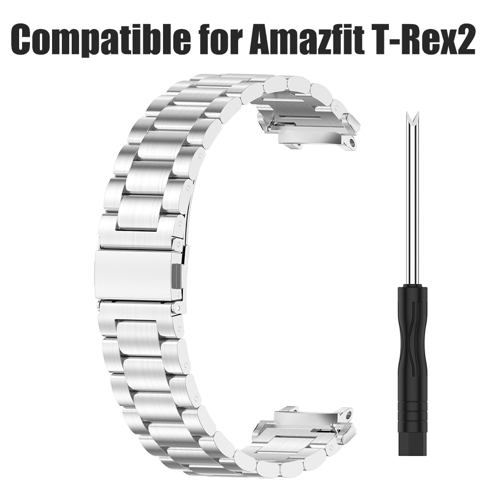 Ein silbernes Uhrenarmband und ein kleiner schwarzer Schraubendreher auf weißem Hintergrund. Der Text 'Compatible for Amazfit T-Rex2' steht oben.