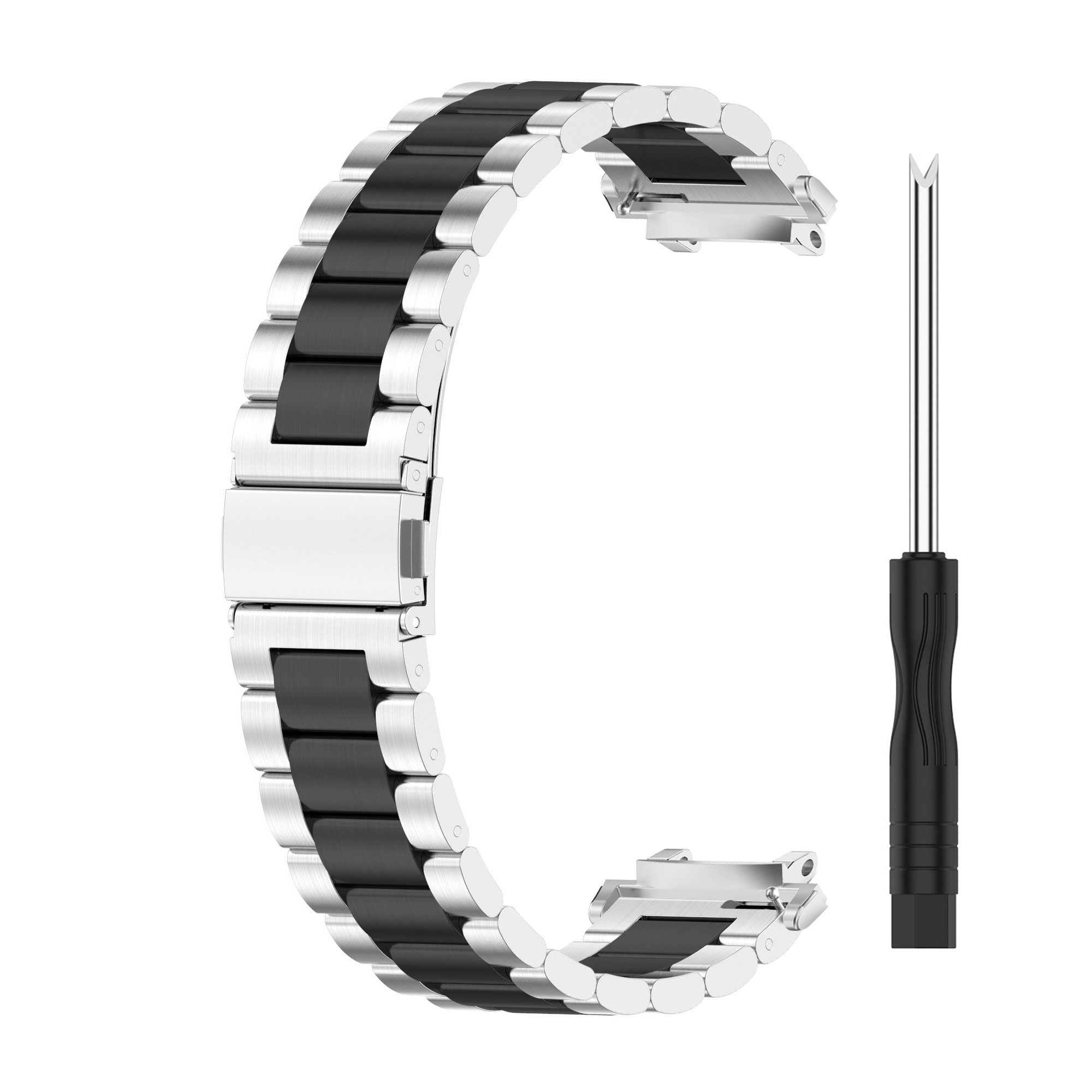 Armbanduhr mit schwarzen und silbernen Gliedern, einem Verschluss und einem kleinen Schraubendreher. Alles auf weißem Hintergrund.