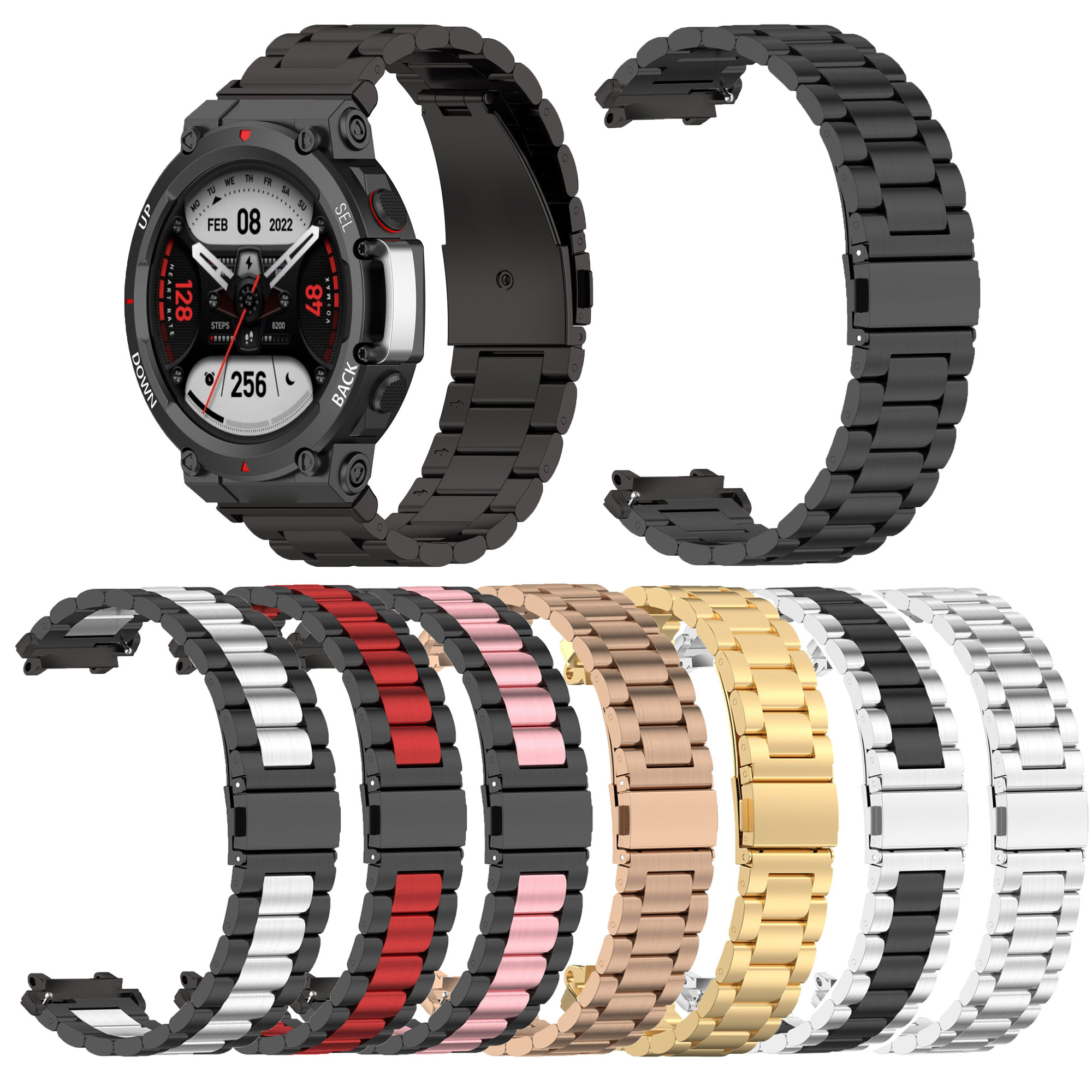 Eine Smartwatch mit schwarzem Armband, das Zifferblatt zeigt Datum und Gesundheitsmetriken an. Es werden auch mehrere alternative Armbänder gezeigt.