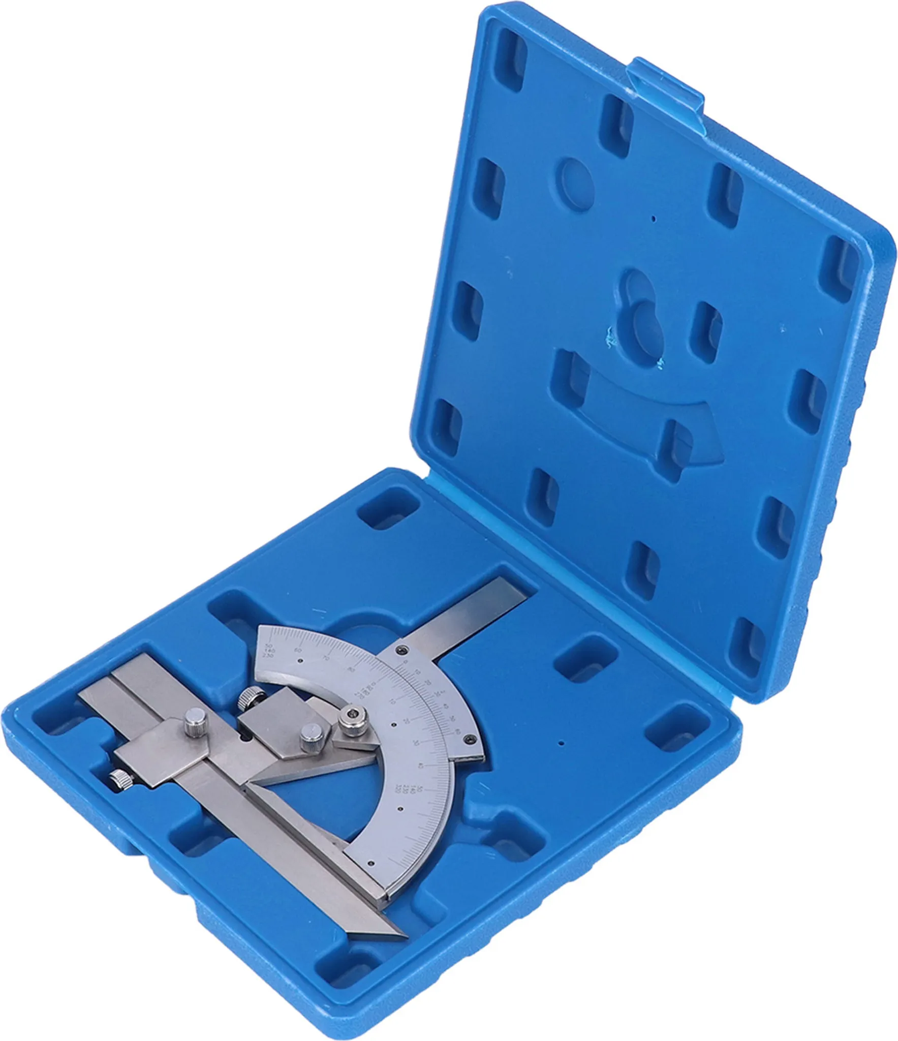 Ein blauer Koffer mit einem silbernen Winkelmesser. Der Koffer ist geöffnet und zeigt das Werkzeug im Inneren. Weißer Hintergrund.