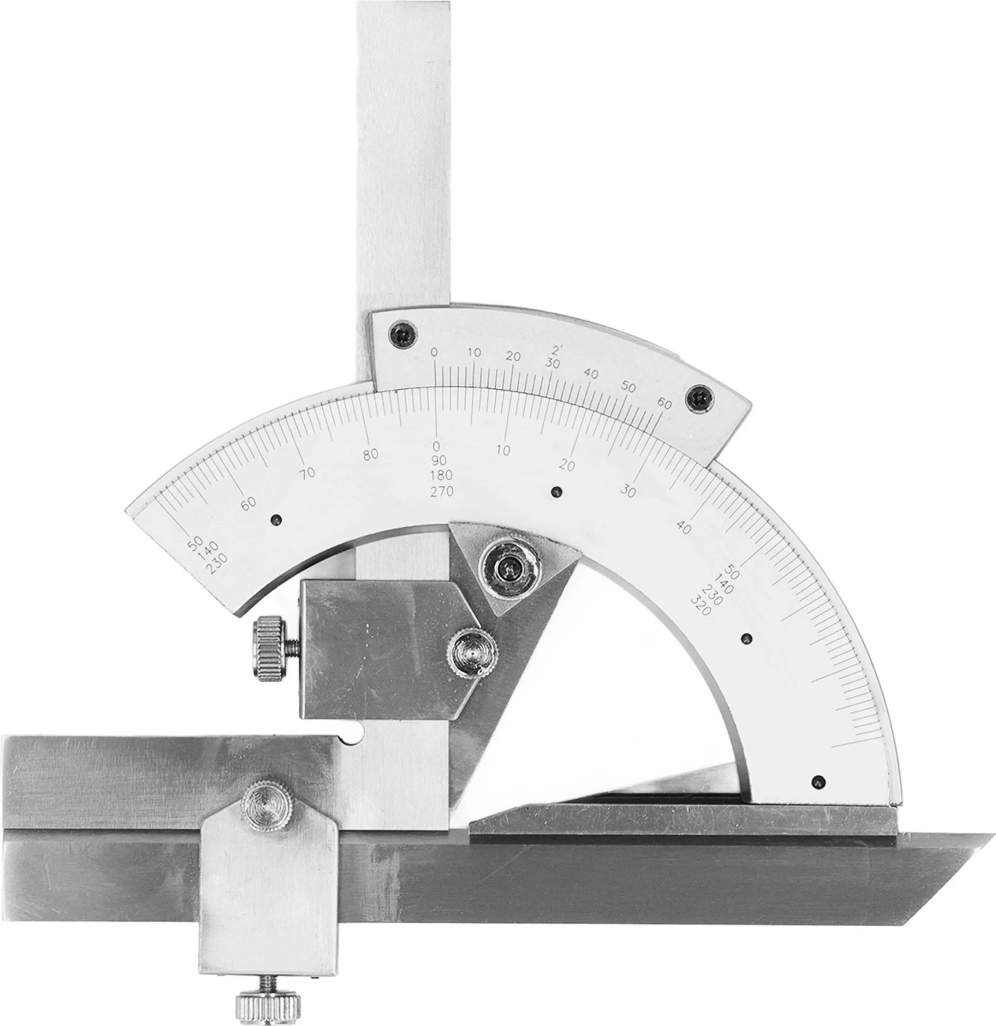 Ein Metallwinkelmesser mit Lineal, Skala und Einstellknöpfen. Es hat Gradmarkierungen und eine silberne Oberfläche.