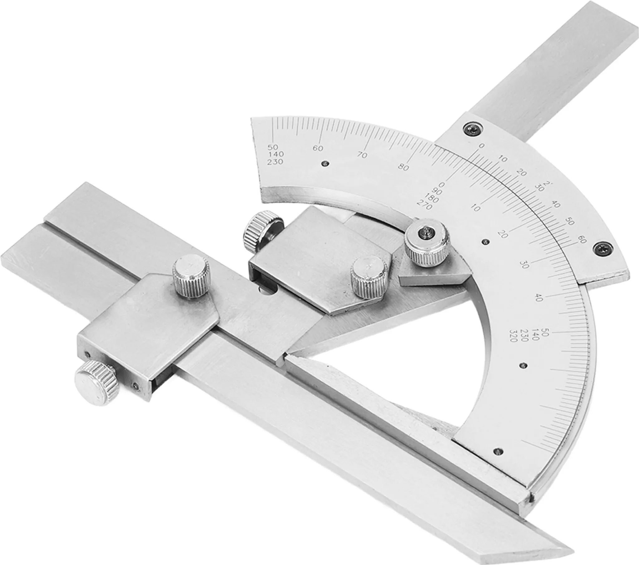 Ein Metall-Winkelmesser mit Lineal. Es hat Messmarkierungen, verstellbare Teile und Knöpfe.
