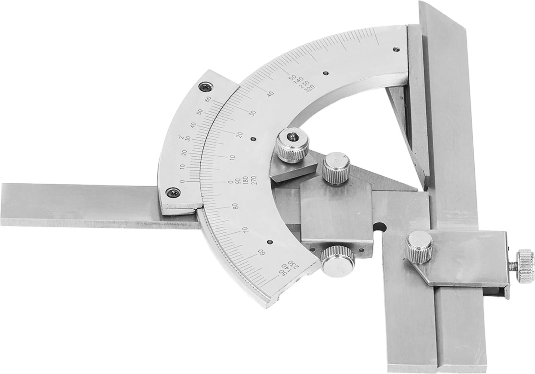 Ein Metall-Winkelmesser mit Gradmarkierungen und Einstellknöpfen. Es ist silberfarben und dient zum Messen von Winkeln.