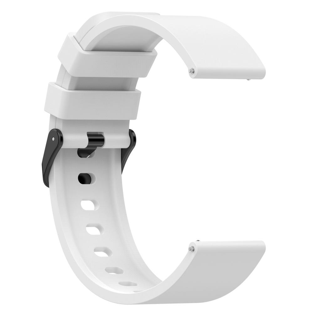 Ein weißes Uhrenarmband ist abgebildet. Es hat eine schwarze Schließe und ist C-förmig gebogen. Mehrere Löcher sind entlang des Bandes sichtbar.
