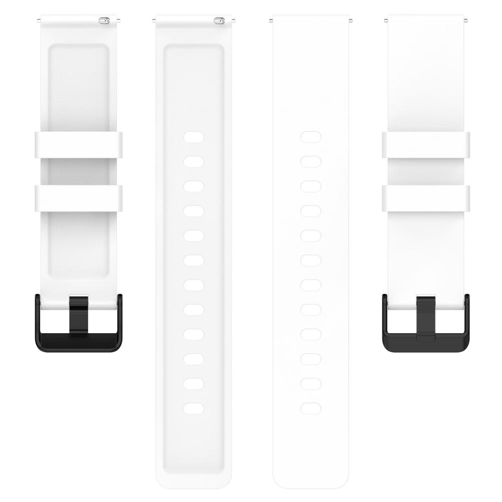 Drei weiße Uhrenarmbänder vor weißem Hintergrund. Eines hat eine schwarze Schließe. Die anderen beiden sind schlicht.
