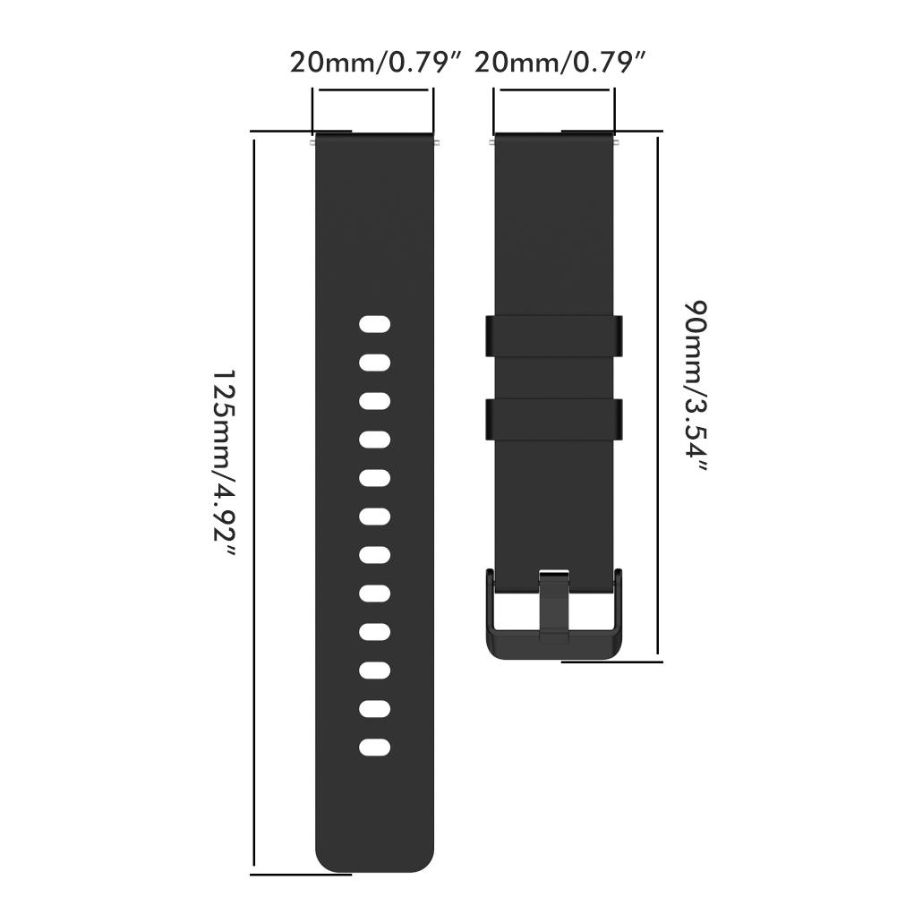 Ein schwarzes Armband mit Maßangaben. Der Riemen zeigt Löcher, eine Schnalle und Abmessungen von 125 mm/4,92" und 90 mm/3,54".