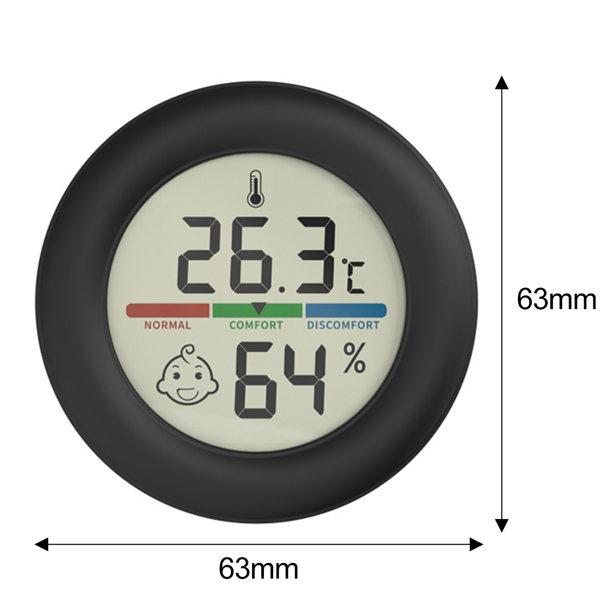 Ein runder, schwarzer digitaler Thermometer zeigt 26,3 °C, 64 % Luftfeuchtigkeit und ein Baby-Symbol. Die Skala reicht von normal bis Unbehagen.