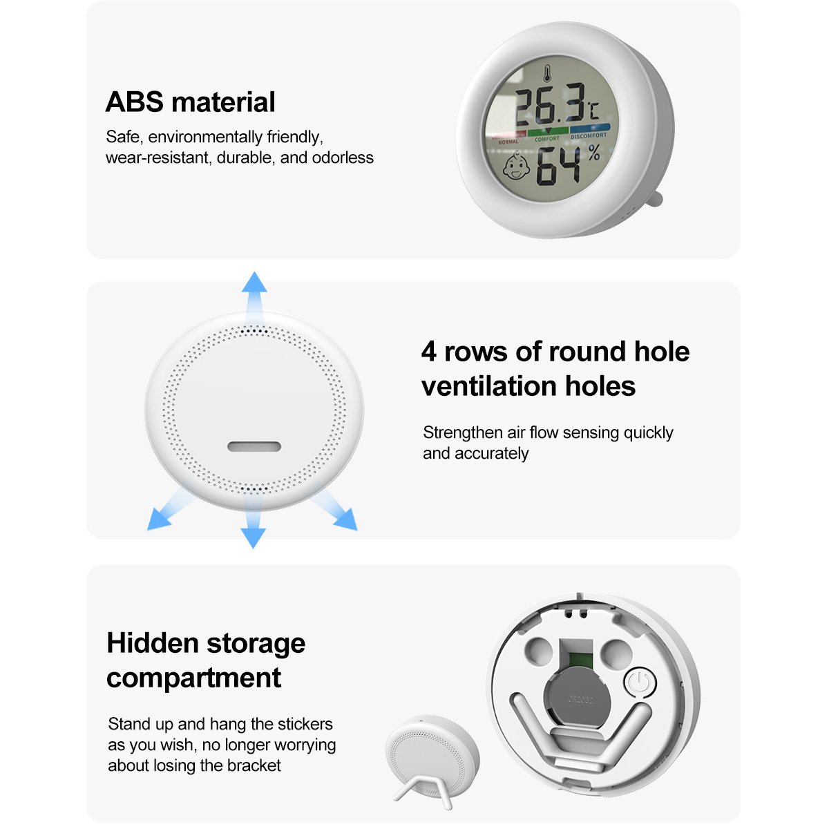 Ein weißes digitales Thermometer, das Temperatur und Luftfeuchtigkeit anzeigt. Merkmale sind Lüftungslöcher und ein verstecktes Staufach.