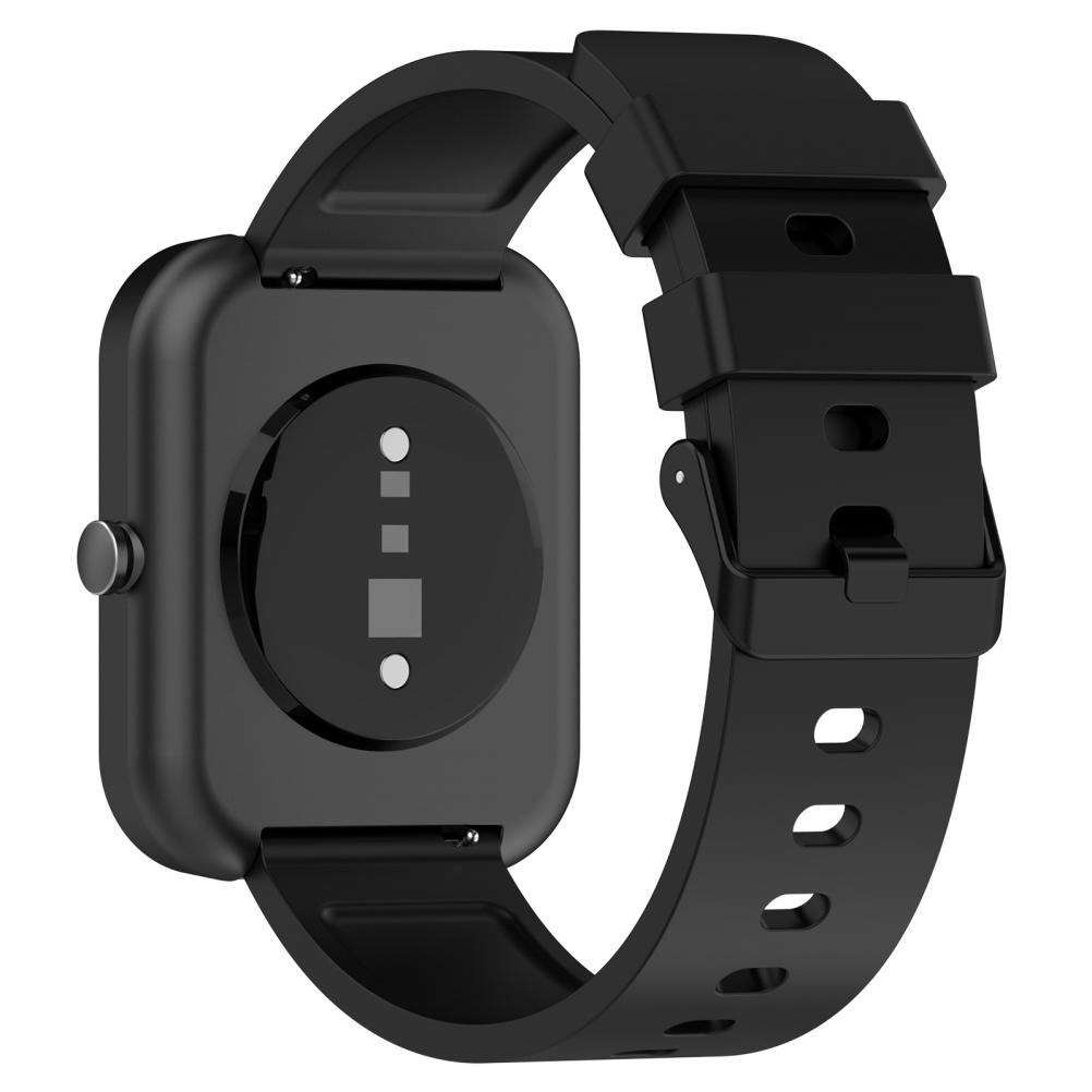 Eine schwarze Smartwatch. Die Uhr hat ein quadratisches Zifferblatt mit einem runden Sensor auf der Rückseite. Das Armband ist schwarz mit Löchern.