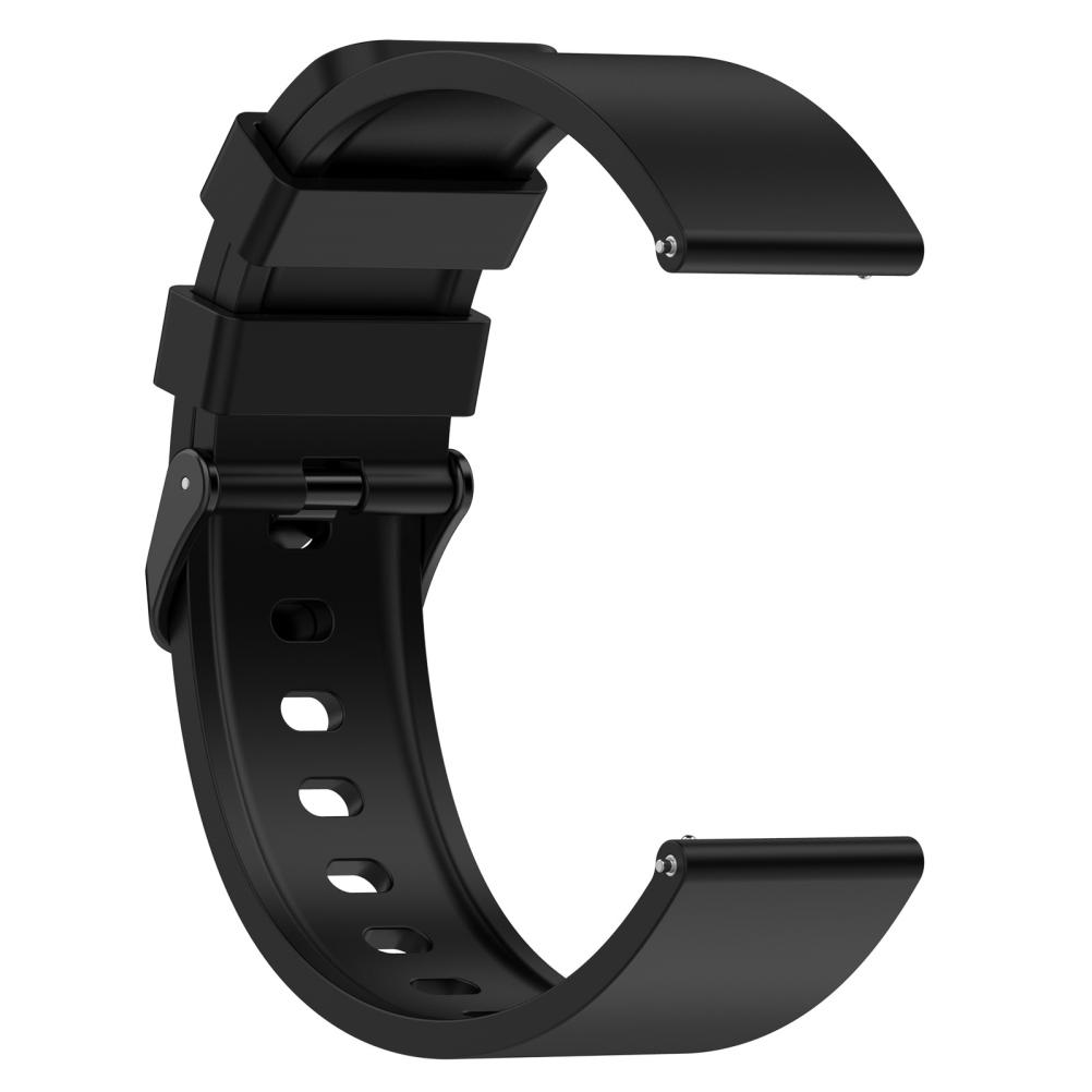 Nahaufnahme eines schwarzen Uhrenarmbands. Das Armband hat eine Reihe von Löchern, einen Verschluss und zwei gebogene Enden. Der Hintergrund ist weiß.