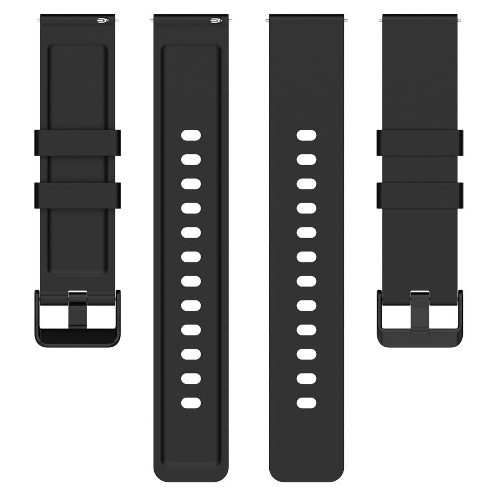 Vier schwarze Uhrenarmbänder. Zwei haben Löcher, eines eine Schnalle. Alle liegen vor weißem Hintergrund.