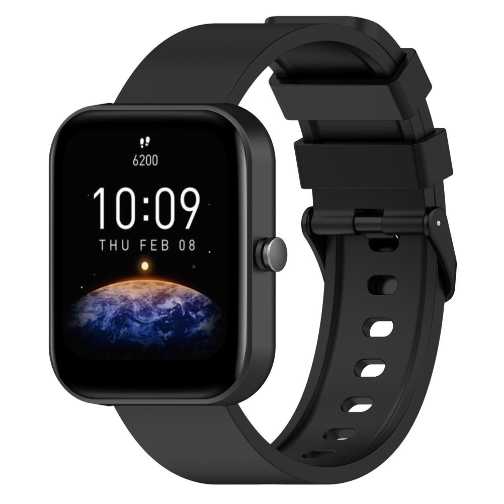 Eine schwarze Smartwatch zeigt 10:09 Uhr, Donnerstag, 08. Februar. Die Uhr hat ein schwarzes Armband und einen Planeten.