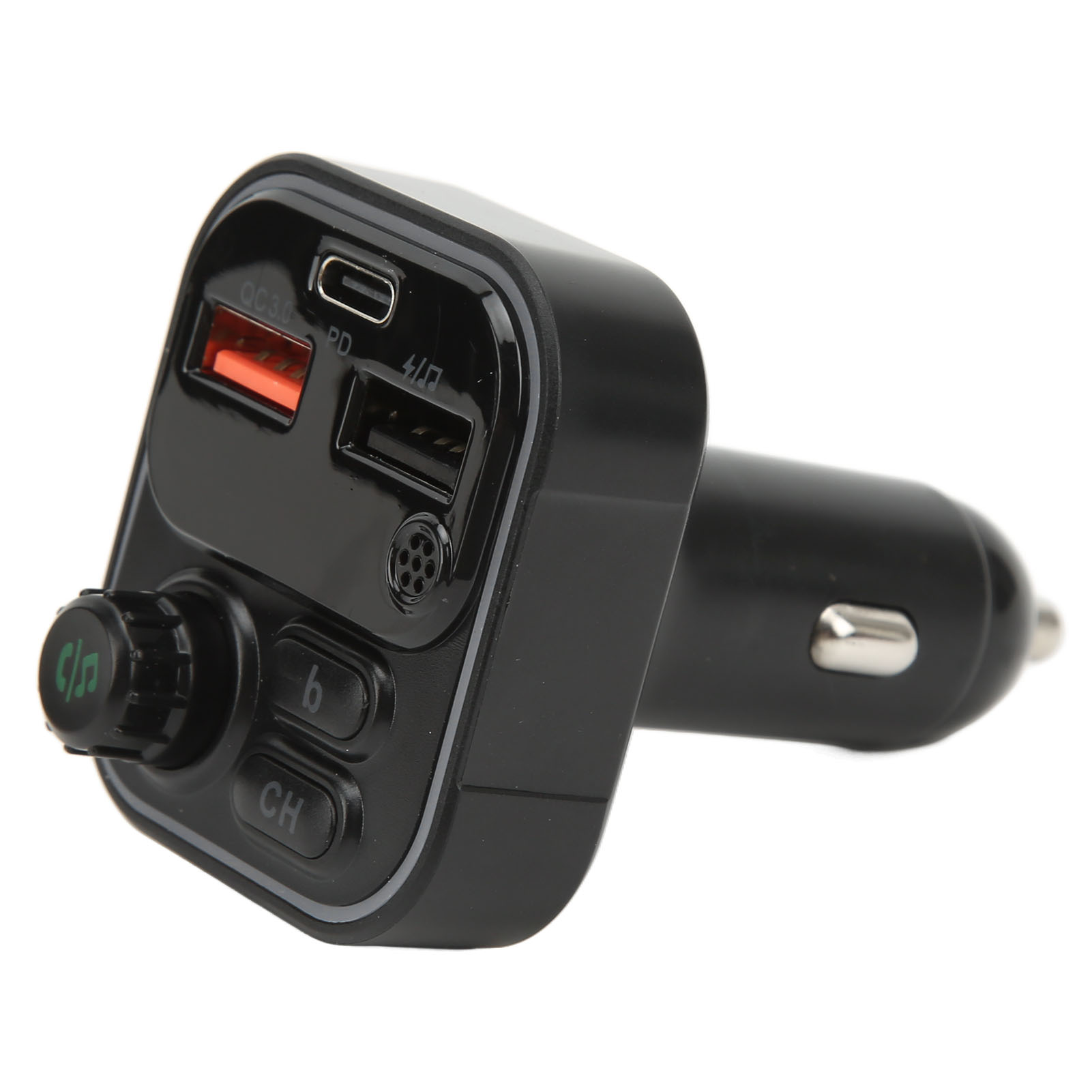 Schwarzes Autoladegerät mit USB-Anschlüssen, Tasten und einem Drehknopf. Verfügt über einen Zigarettenanzünder-Stecker.