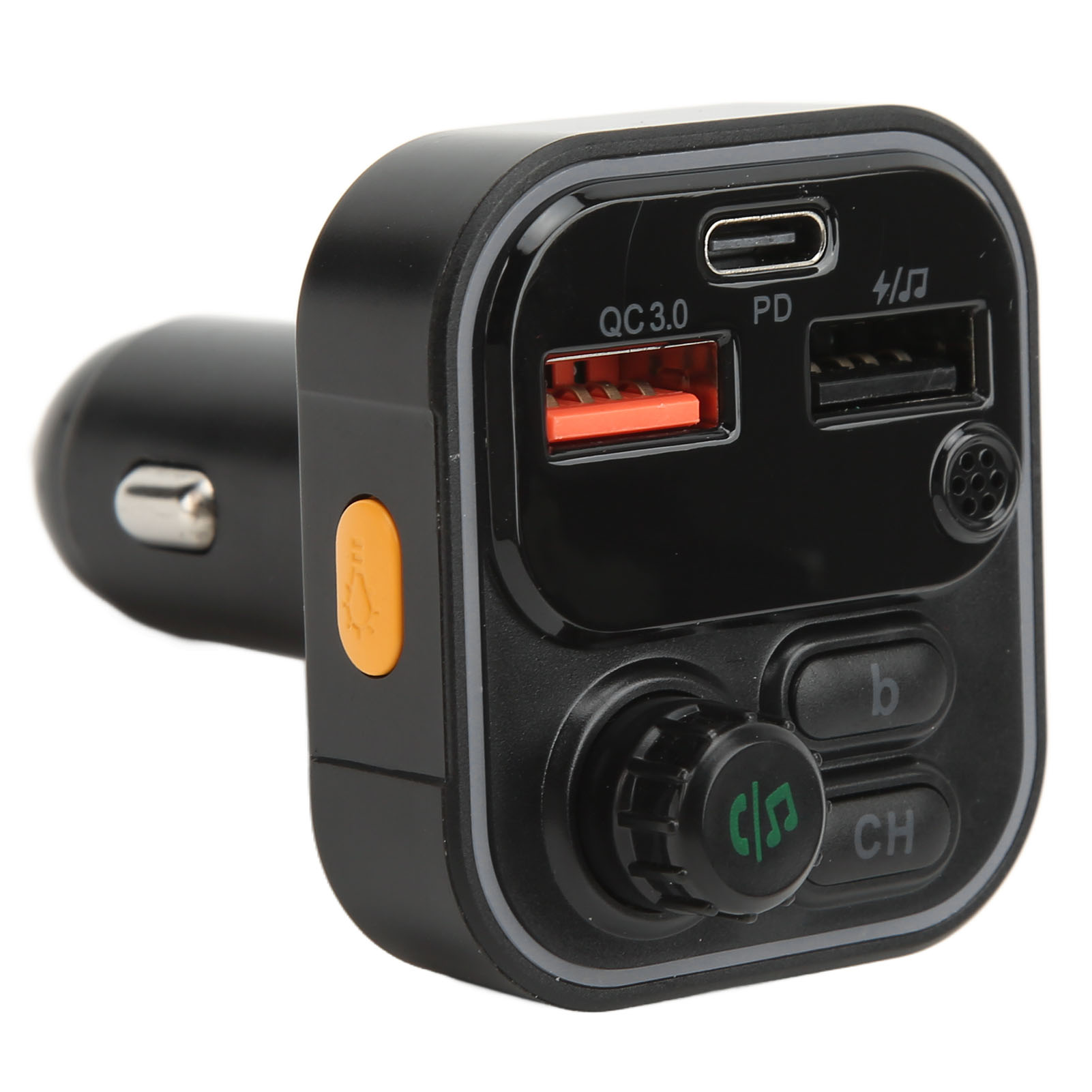 Schwarzes Autoladegerät mit mehreren Anschlüssen, orangefarbenen Akzenten und Tasten. Verfügt über USB-Anschlüsse und ein Rad.