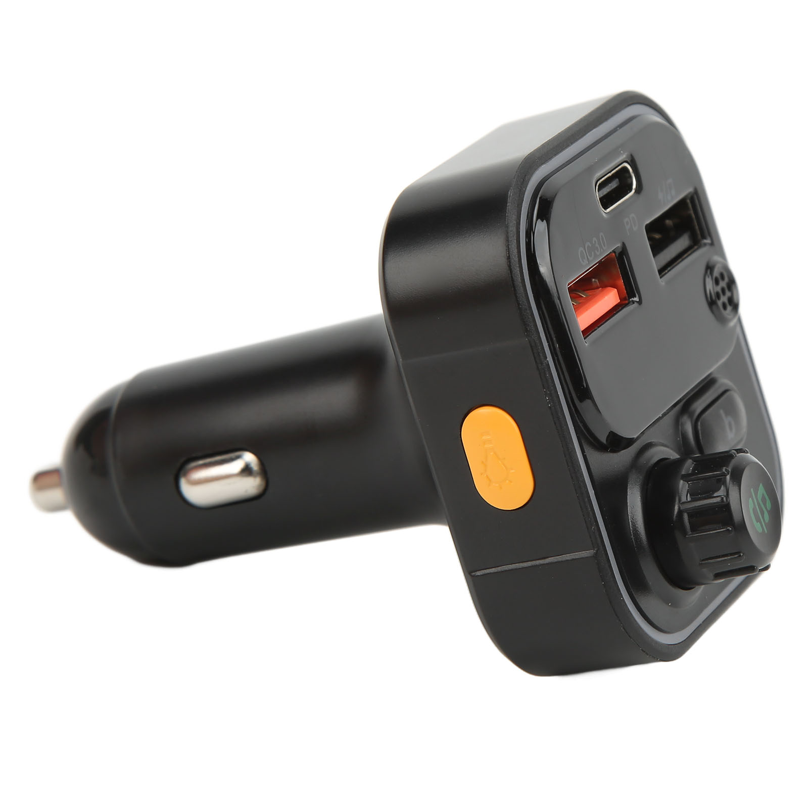 Schwarzes Autoladegerät mit USB-Anschlüssen und orangefarbenem Power-Button. Es hat einen Drehknopf und wird an den Zigarettenanzünder angeschlossen.