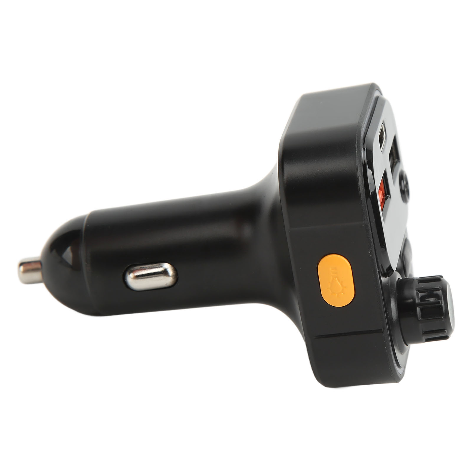Schwarzes Autoladegerät mit USB-Anschlüssen und orangefarbener Taste auf weißem Hintergrund.