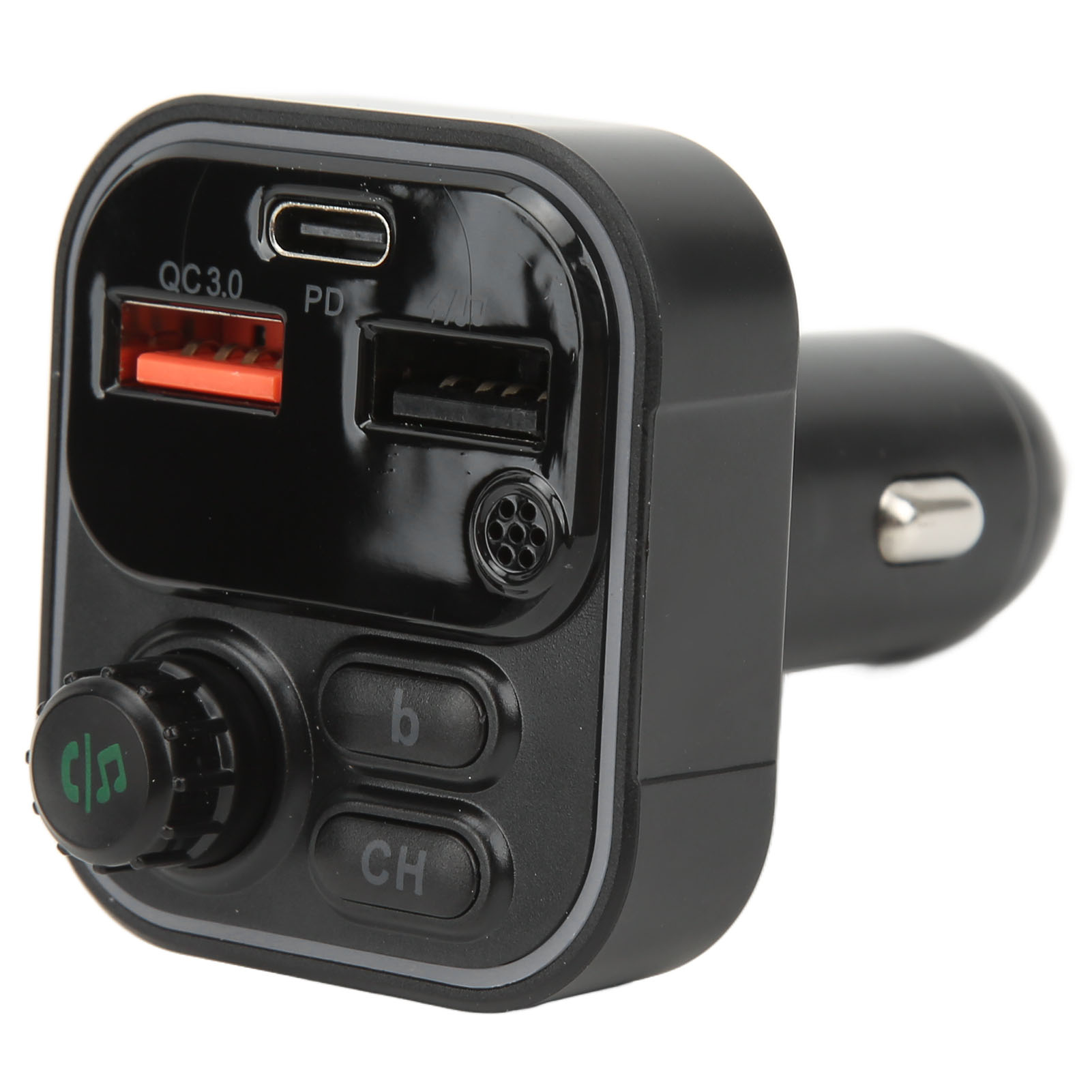 Ein schwarzes Autoladegerät mit USB-Anschlüssen, Tasten und einem Drehknopf. Hat einen USB-C-Anschluss, einen roten USB-Anschluss und einen silbernen Stecker.