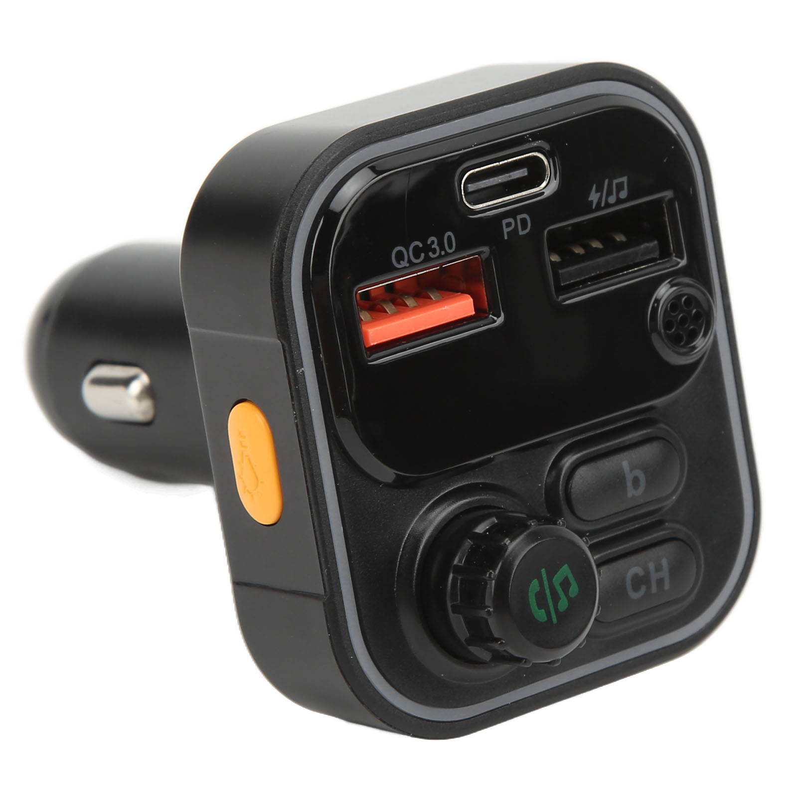 Schwarzes Autoladegerät mit mehreren Anschlüssen, einschließlich USB, USB-C und Stromversorgung, sowie Tasten und einem Drehregler.