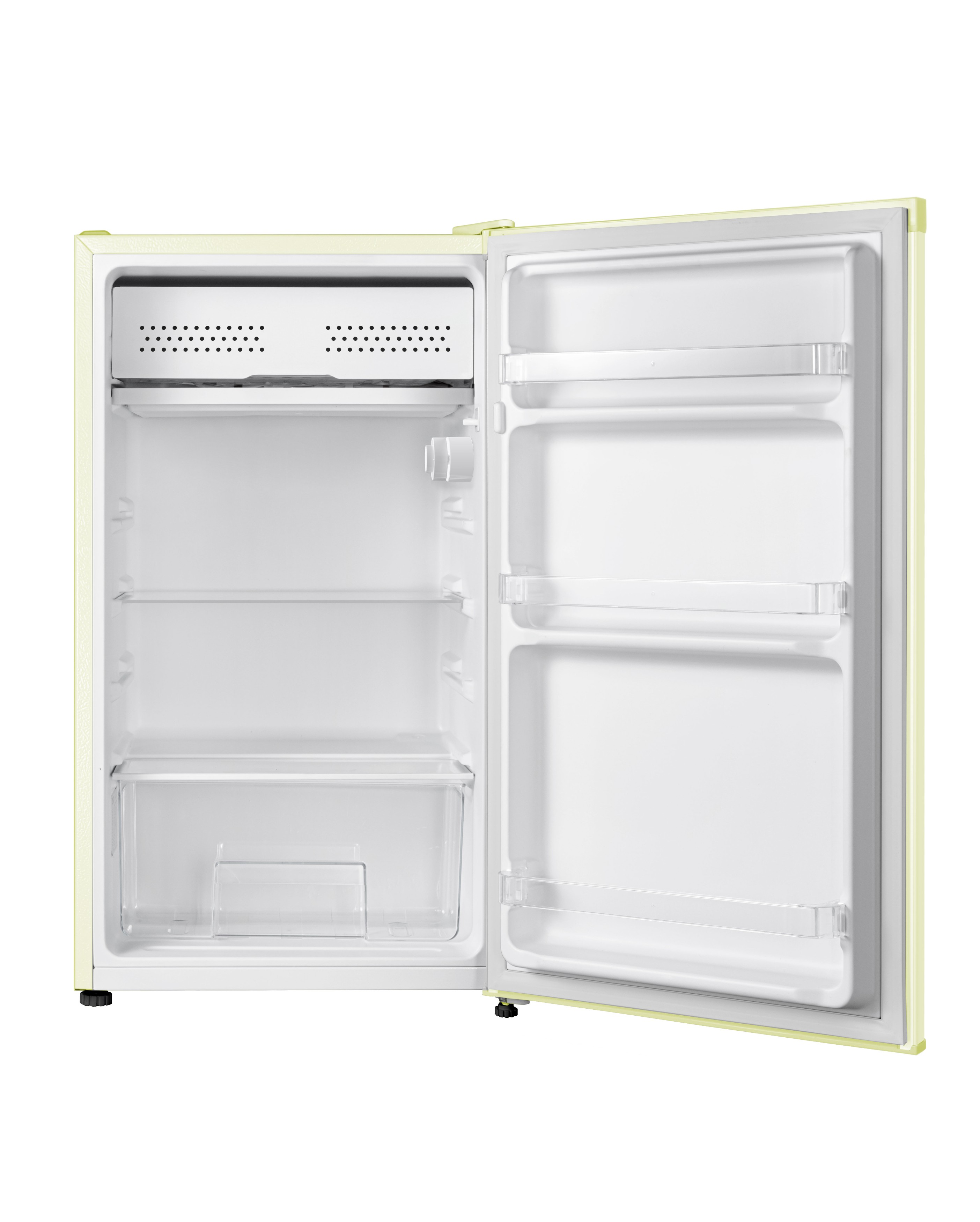 Ein kleiner, offener, cremefarbener Kühlschrank. Er hat Innenregale und ein kleines Gefrierfach.