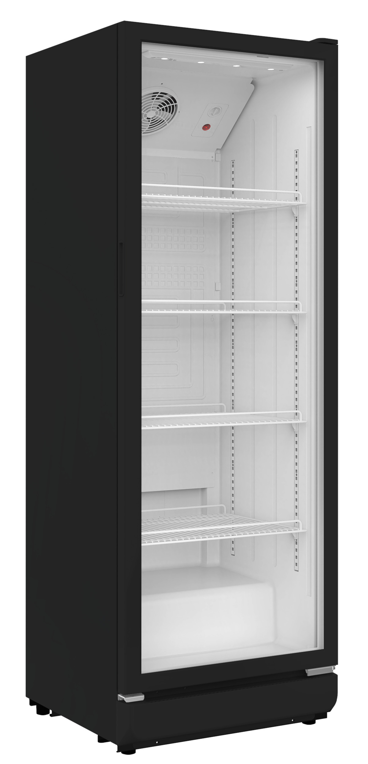 Ein schwarzer gewerblicher Kühlschrank mit Glastür. Im Inneren befinden sich weiße Regale. Ein Ventilator und Lichter sind sichtbar.