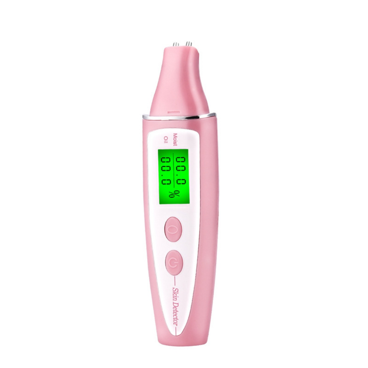 Ein rosafarbener Hautdetektor mit grünem Display, das 0,0% anzeigt. Er hat zwei Knöpfe und den Text "Skin Detector".