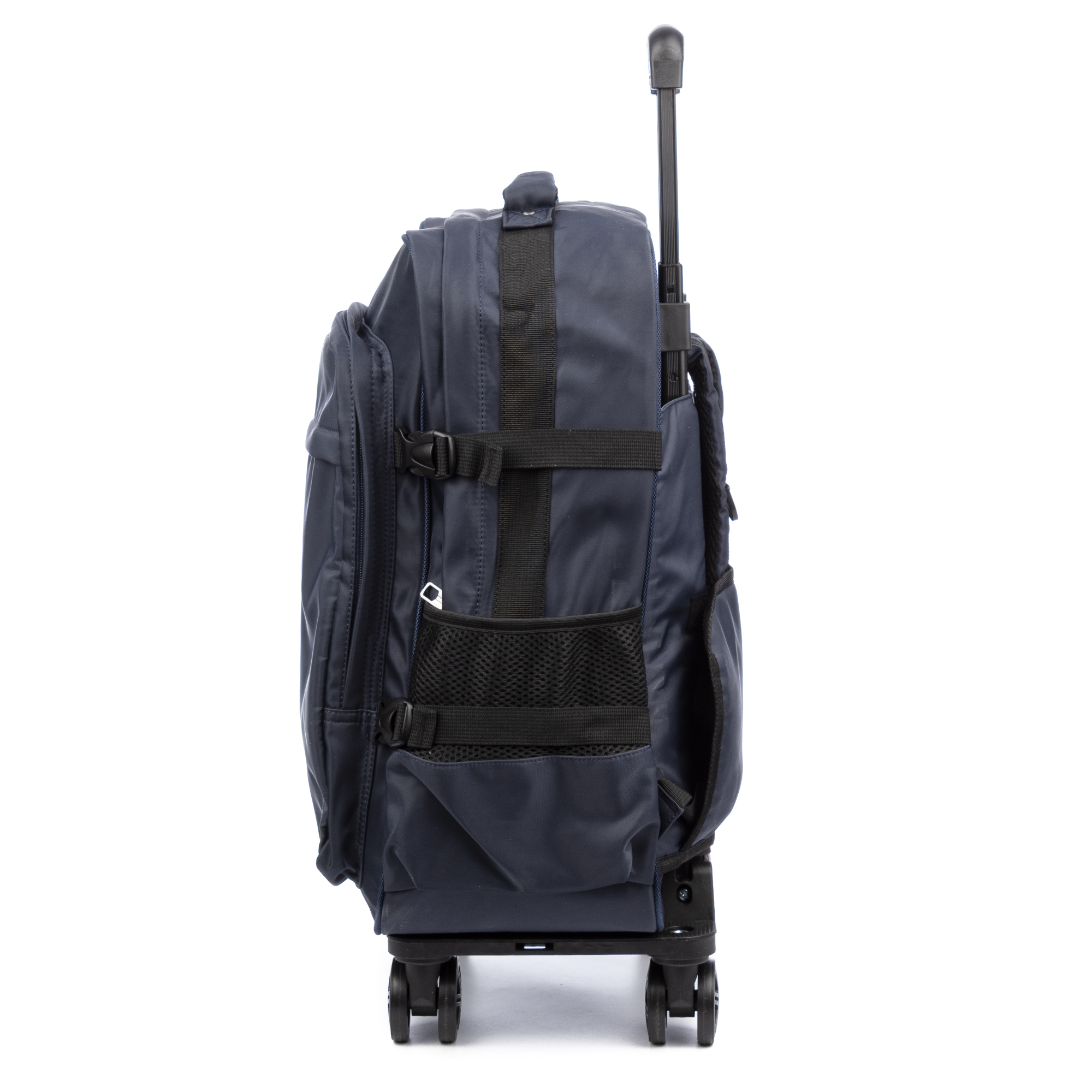 Zaino trolley blu navy su sfondo bianco. Presenta cinghie nere, tasca a rete e manico telescopico.
