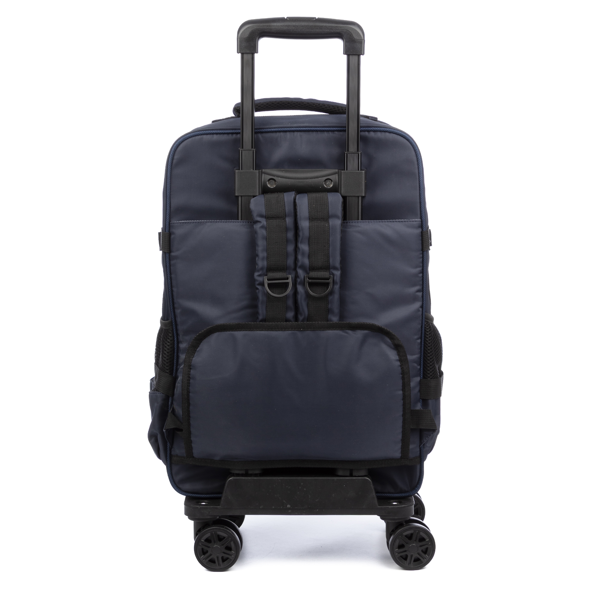 Uno zaino blu navy con manico retrattile, ruote nere e cinghie, su sfondo bianco.
