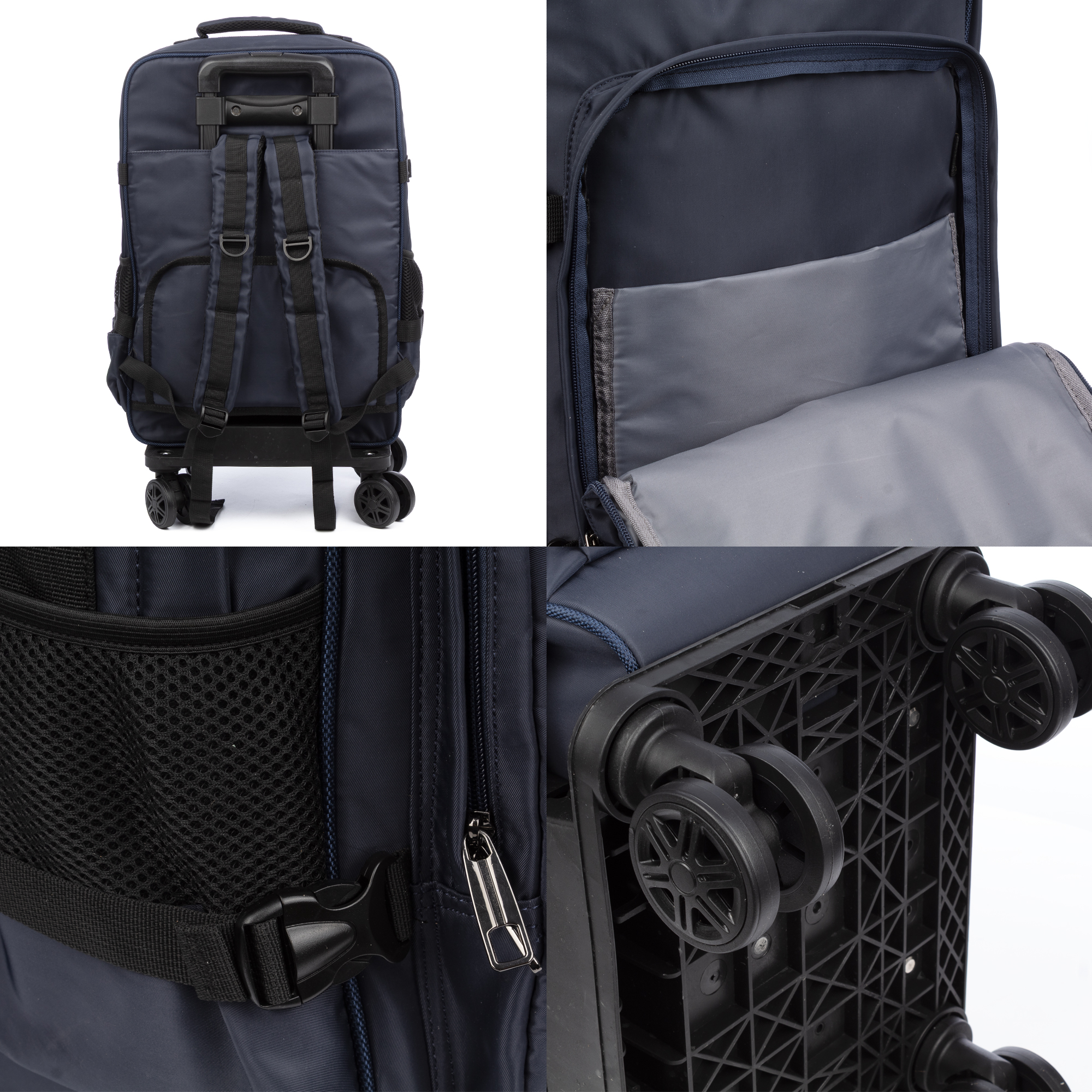 Zaino trolley blu navy con ruote e maniglia nere. Tasche a rete, cerniere e spallacci.