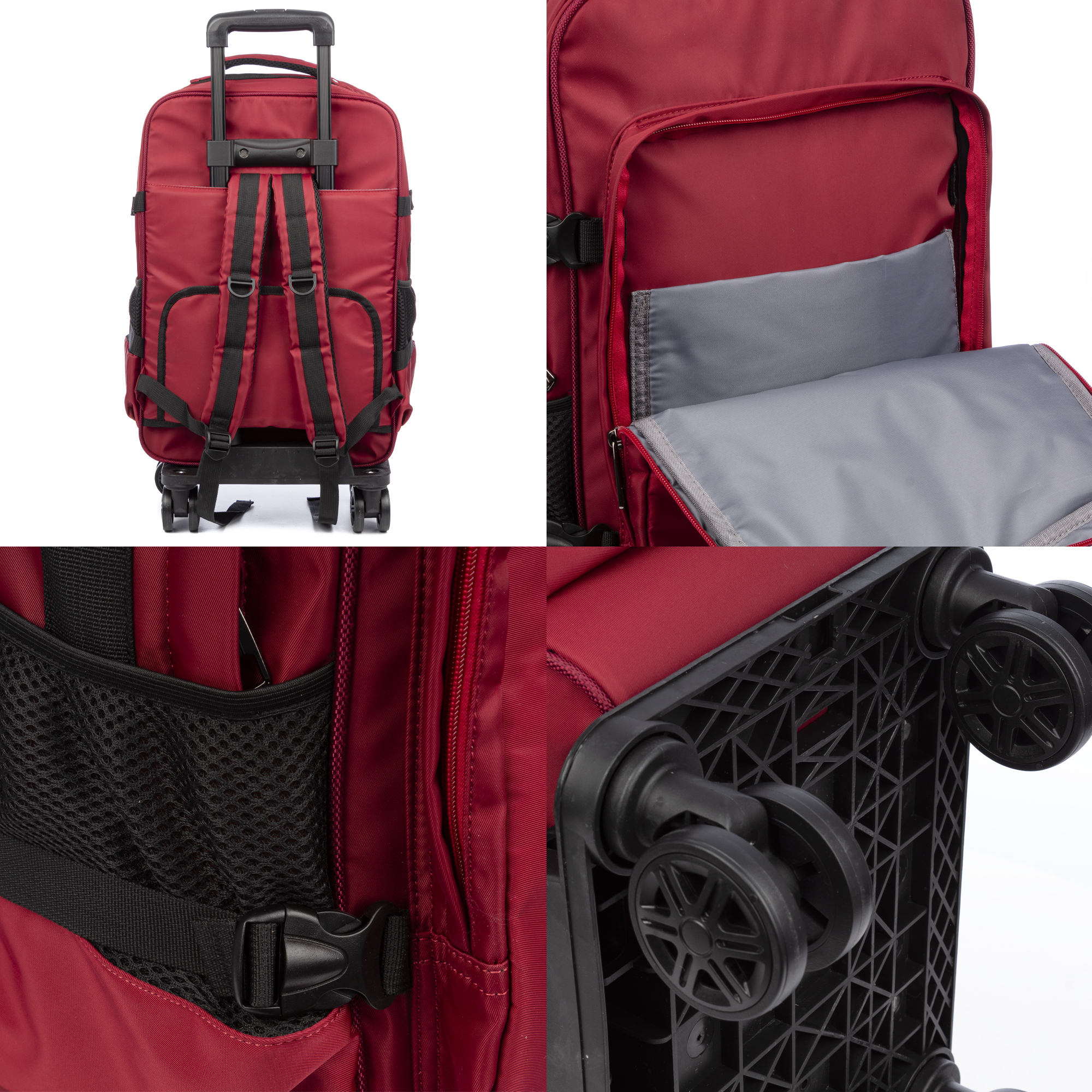 Zaino rosso con ruote con cinghie, maniglia e ruote nere. Include tasche e cerniere, su sfondo bianco.
