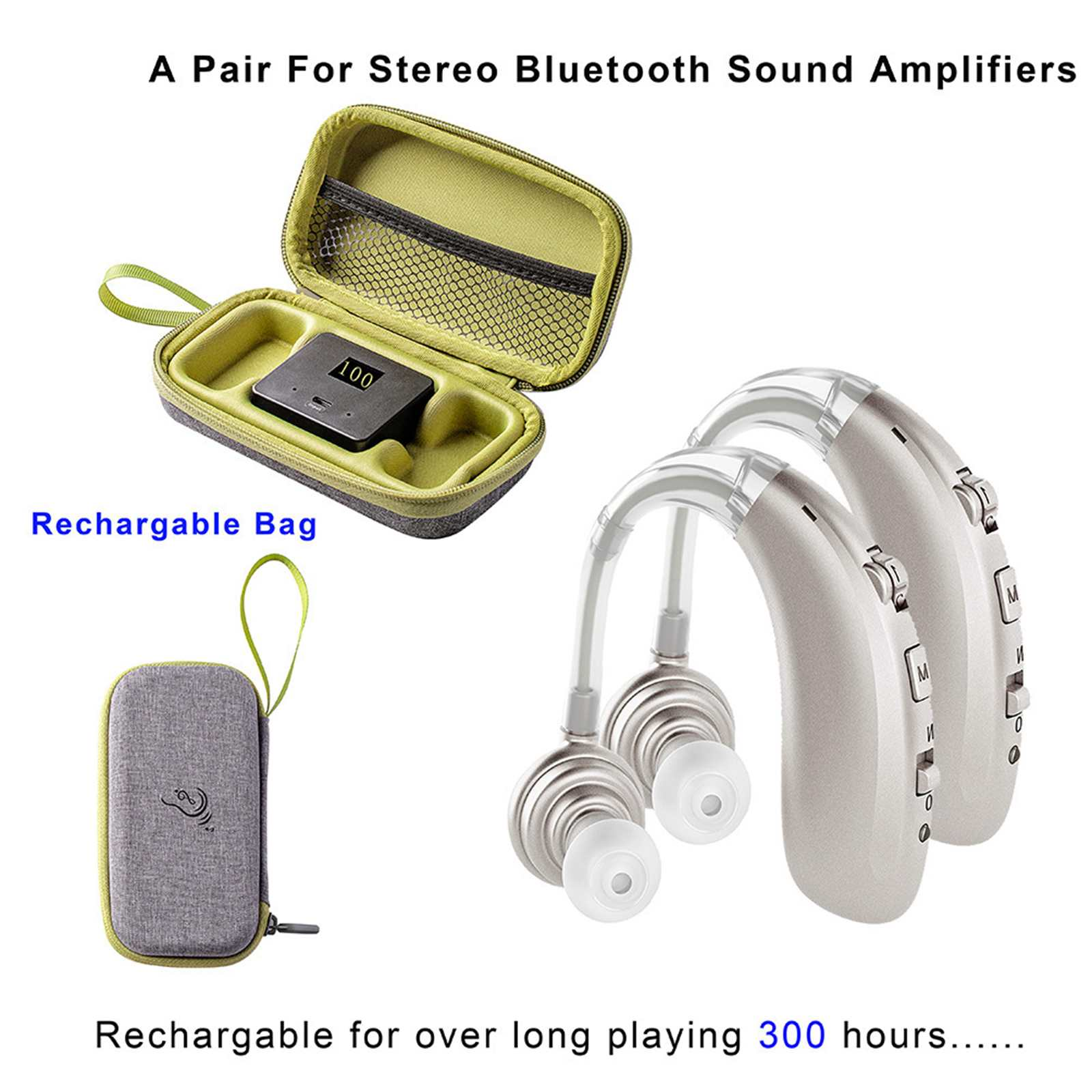 Das Bild zeigt Hörgeräte, eine Ladehülle und eine kleine Tragetasche. Der Text lautet 'A Pair For Stereo Bluetooth Sound Amplifiers'.