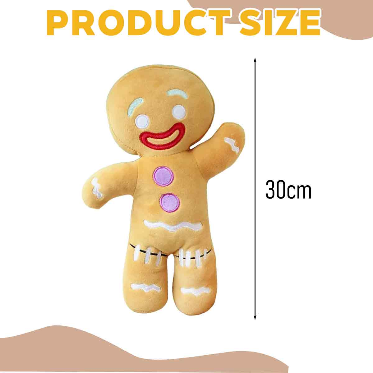 Ein Lebkuchenmann-Plüschtier mit lächelndem Gesicht, zwei lilafarbenen Knöpfen und 30 cm Höhe. Text: PRODUKTGRÖSSE.