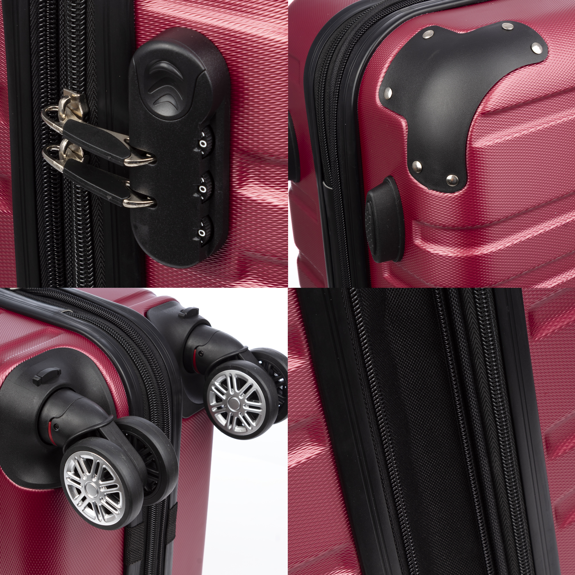 Primer plano de una maleta roja que muestra la cerradura, detalles de las esquinas, ruedas y cremallera. Todas las piezas son negras y plateadas.