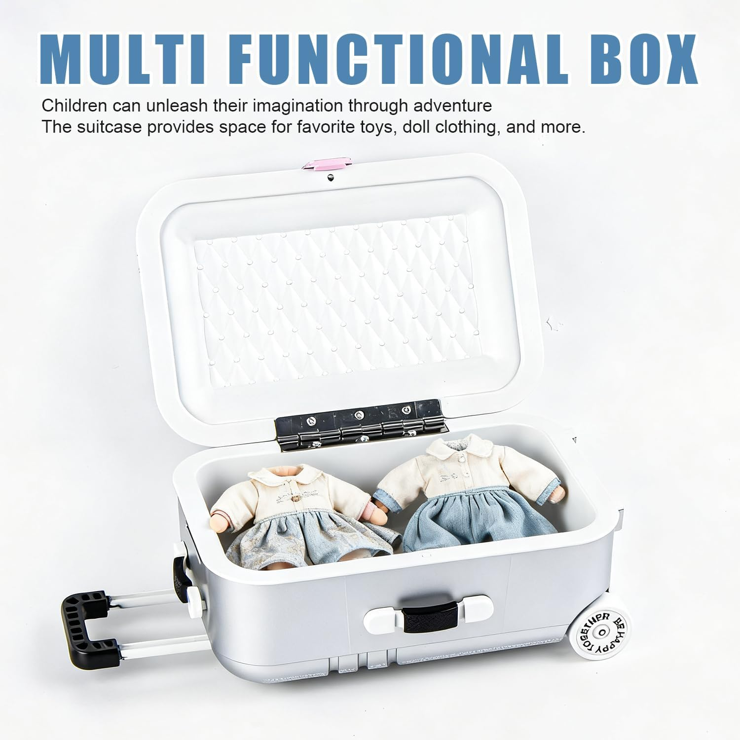 Offener Koffer mit zwei Puppen darin. Der Koffer ist grau mit Griff und Rädern. Text: 'Multi Functional Box'.