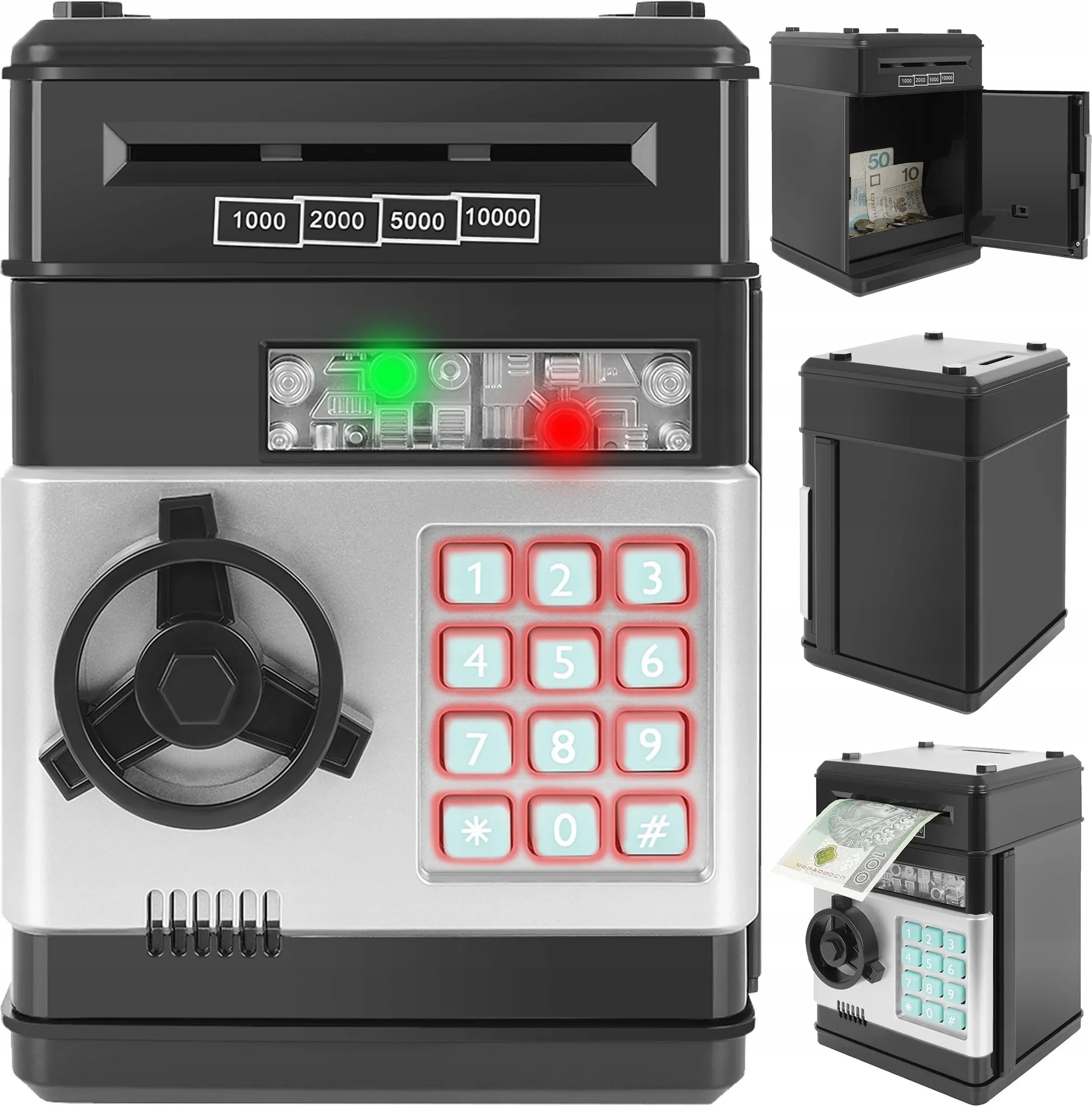 Eine schwarz-silberne elektronische Spardose mit Tastatur, Lichtern und einem Schlitz zum Einwerfen von Geld.