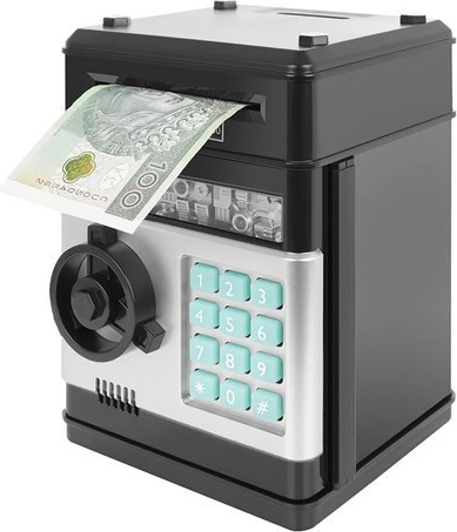Ein schwarz-silbernes Sparschwein mit Tastatur, Drehknopf und teilweise eingesteckter Banknote.