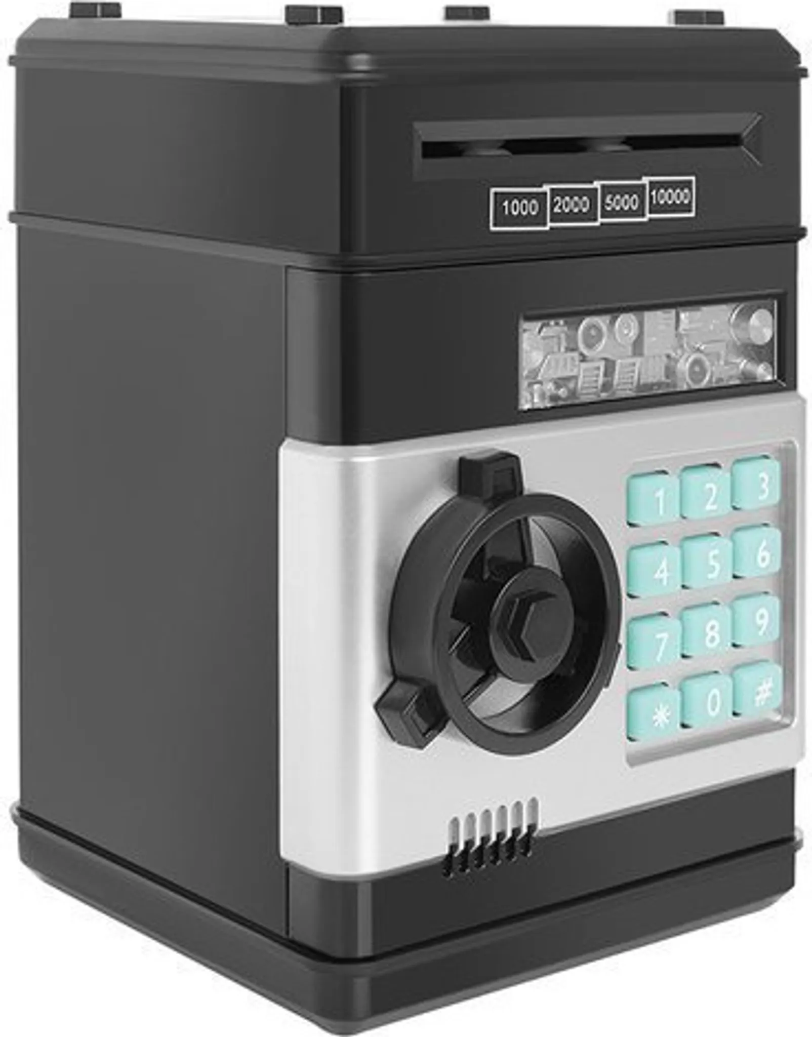 Eine elektronische Spardose in Schwarz und Silber mit Tastatur, Drehknopf und Geldschlitz. Die Zahlen 1000, 2000, 5000 und 10000 sind sichtbar.