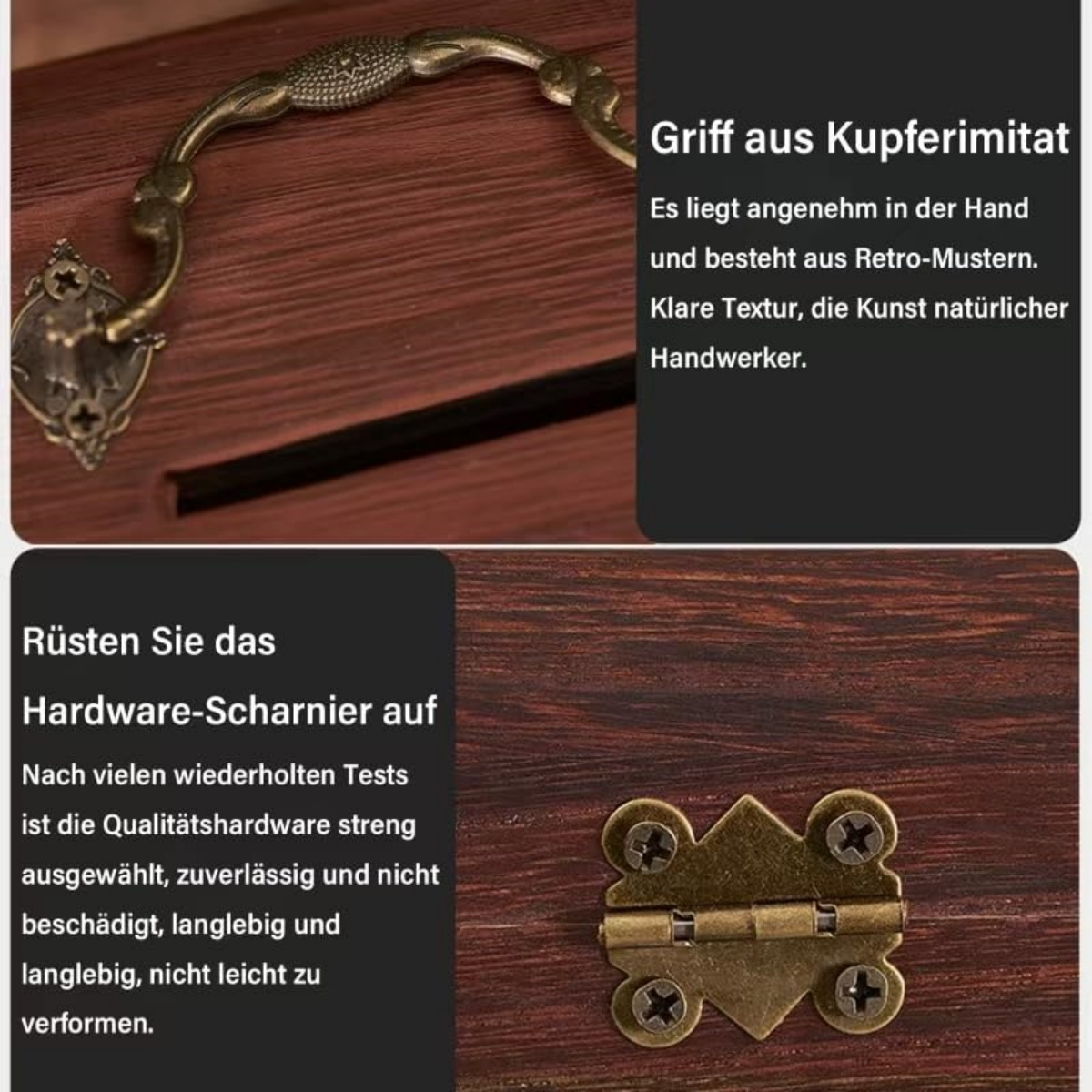 Holzkiste mit Kupfergriff und Scharnier. Text auf Deutsch beschreibt den Griff als Retro-Muster und das Scharnier als langlebig.