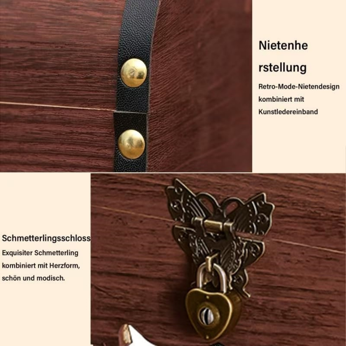 Holzkiste mit Nieten, Lederriemen und dekorativem Schloss. Details umfassen ein herzförmiges Schloss und Text auf Deutsch.