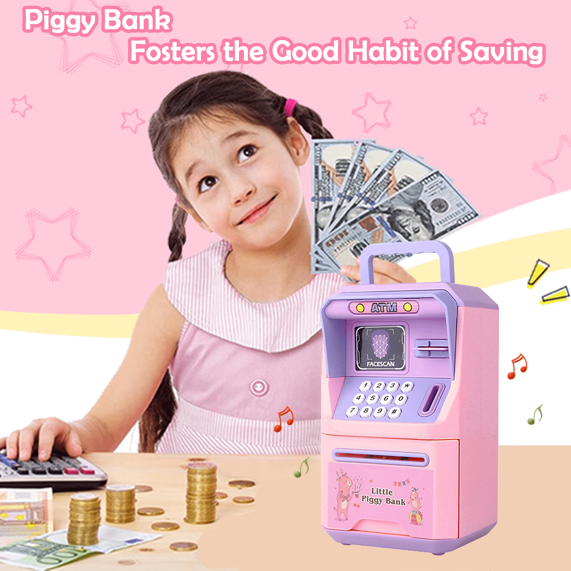 Ein Mädchen blickt auf Geld, neben einer rosa Spardose. Münzen und ein Taschenrechner liegen auf dem Tisch.