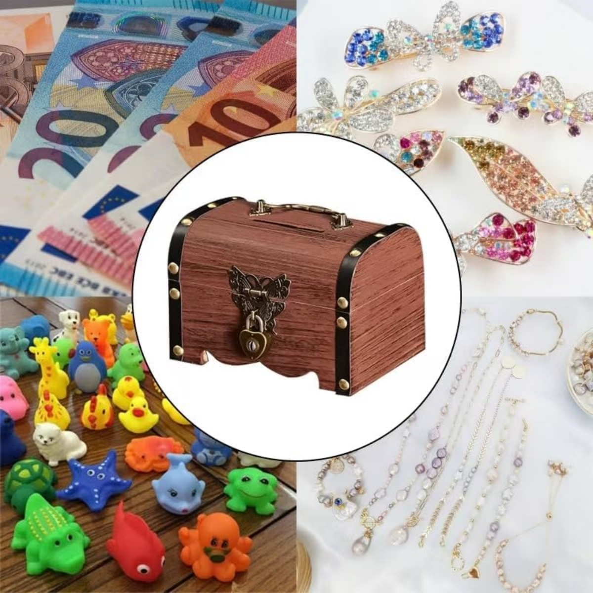 Eine hölzerne Schatzkiste mit Geld, Schmuck und kleinen Spielzeugtieren ist darum angeordnet.