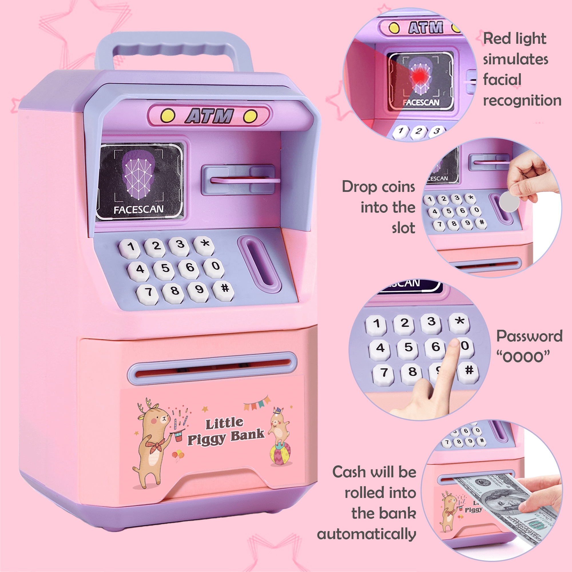 Ein rosa und lila Sparschwein im ATM-Stil mit Zifferntasten, einem Gesichtsscanner und einem Münzschlitz. Es simuliert Gesichtserkennung.