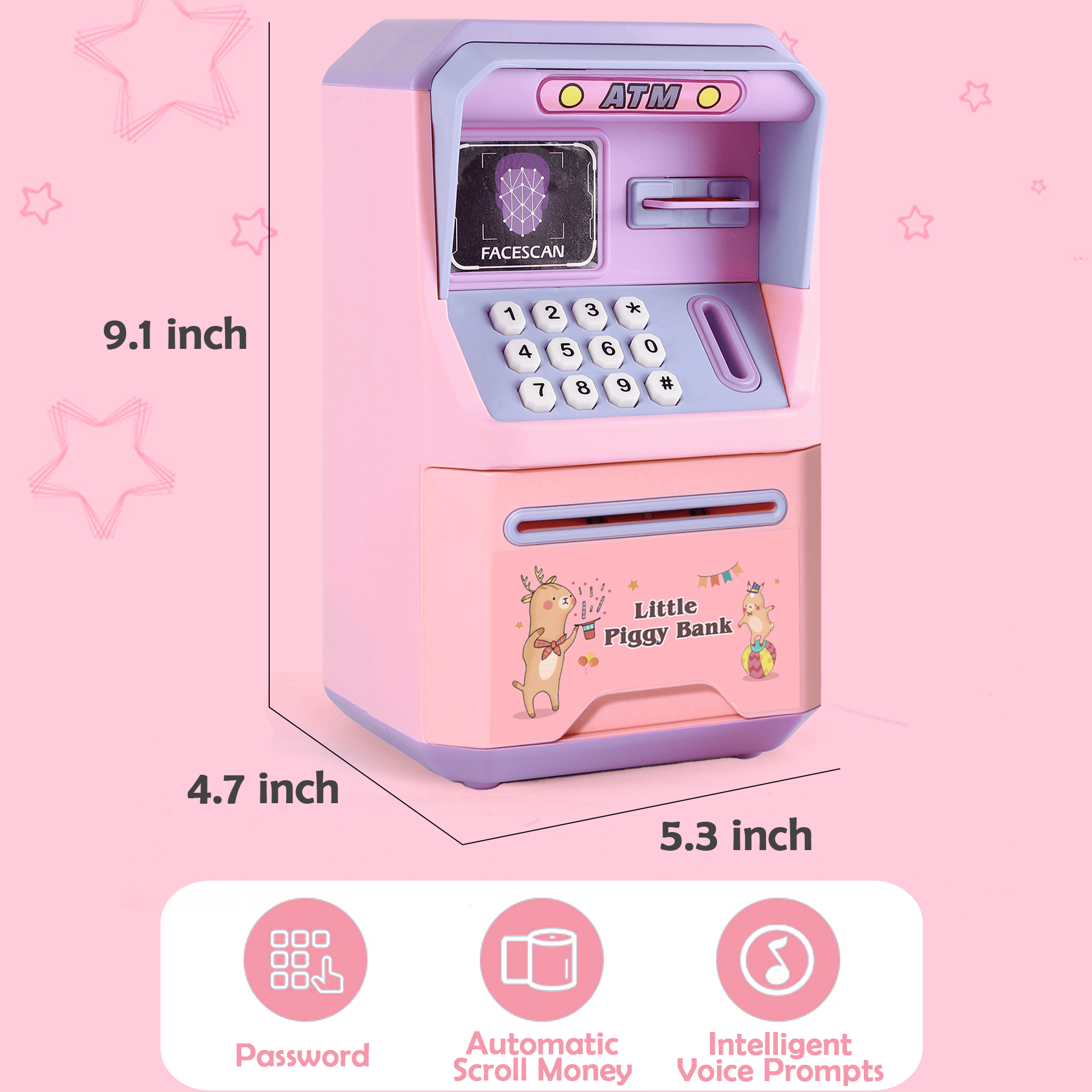 Ein rosa Sparschwein im ATM-Design. Es hat eine Tastatur, einen Gesichtsscanbereich und Funktionen wie Passwort und Sprachansagen.