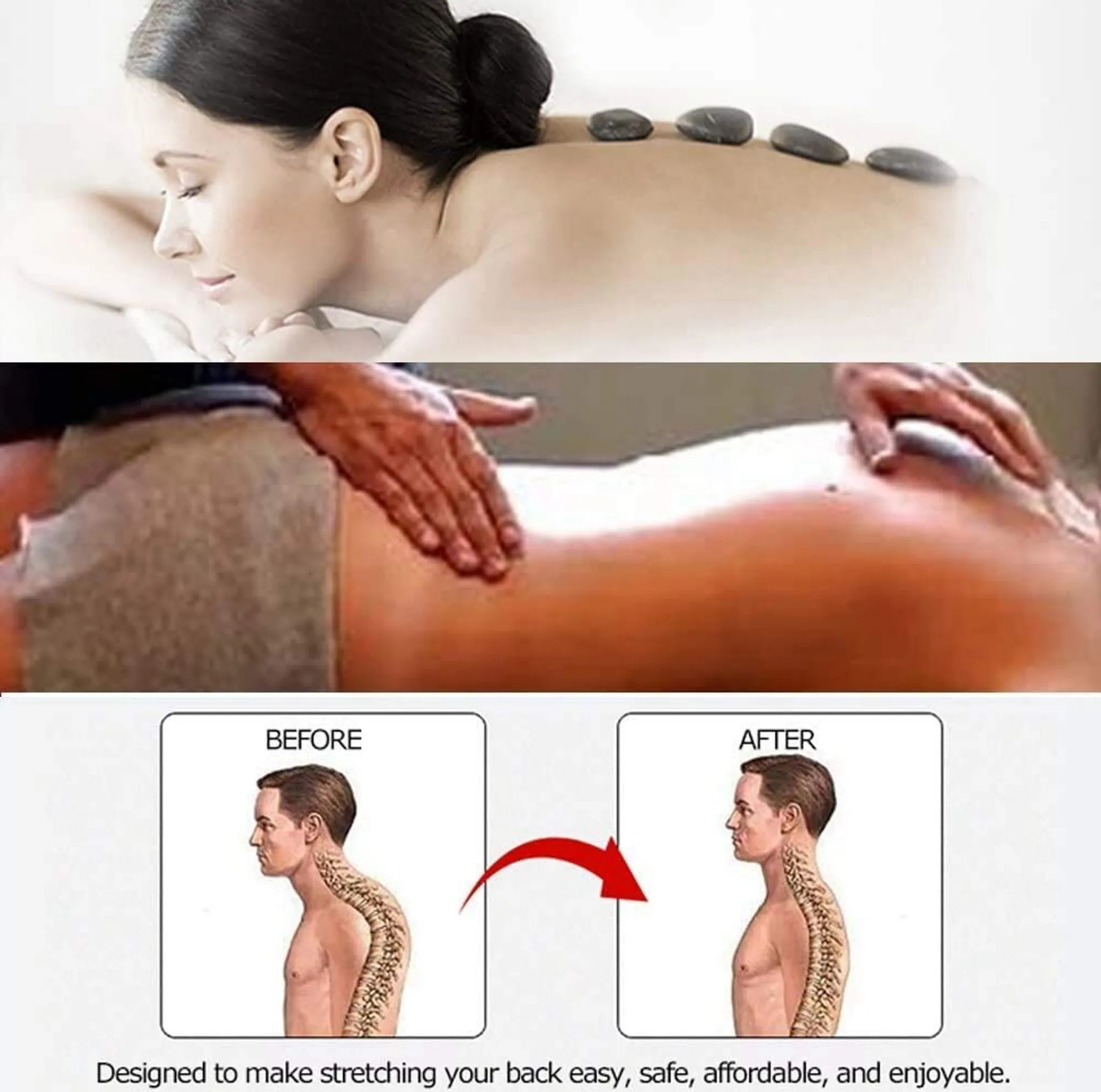 Das Bild zeigt eine Frau mit heißen Steinen auf dem Rücken, eine Rückenmassage und einen Vorher-Nachher-Vergleich der Haltung.
