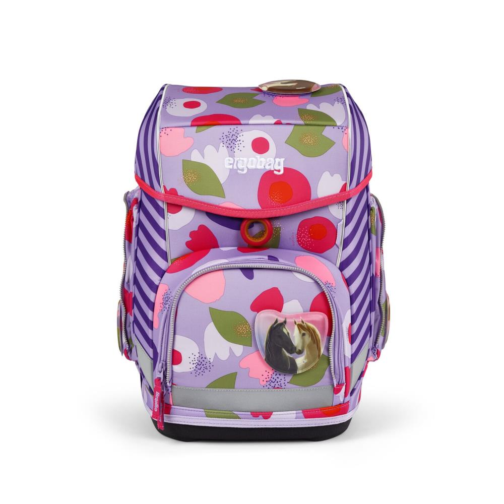 Lila Rucksack mit Blumenmuster und Pferdebild. Mit Streifen, Reißverschlüssen und der Marke 'ergobag'.