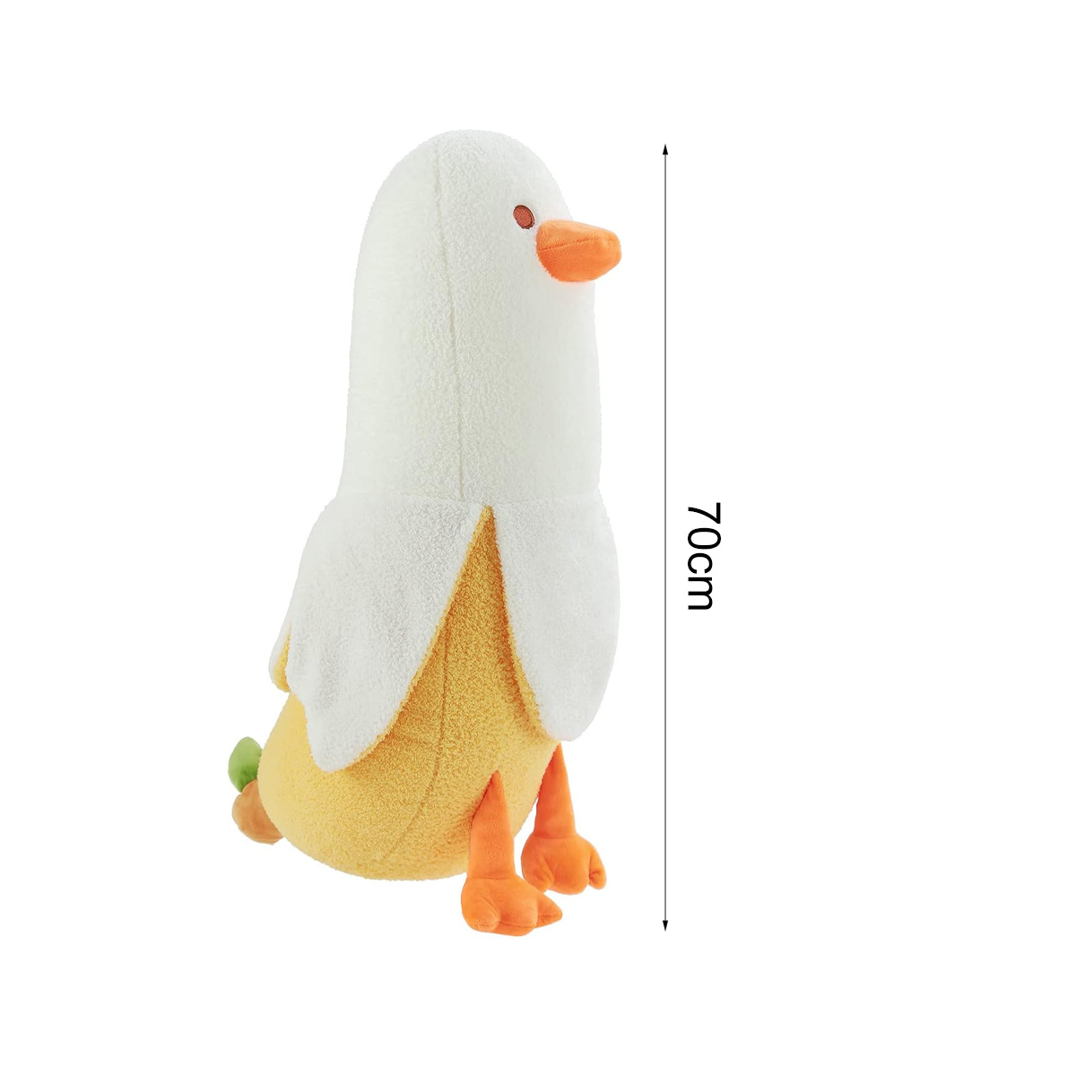 Ein Plüschtier in Form einer Bananenente. Es hat einen weißen Körper, gelbe Schale, einen orangefarbenen Schnabel und Füße sowie ein grünes Blatt.